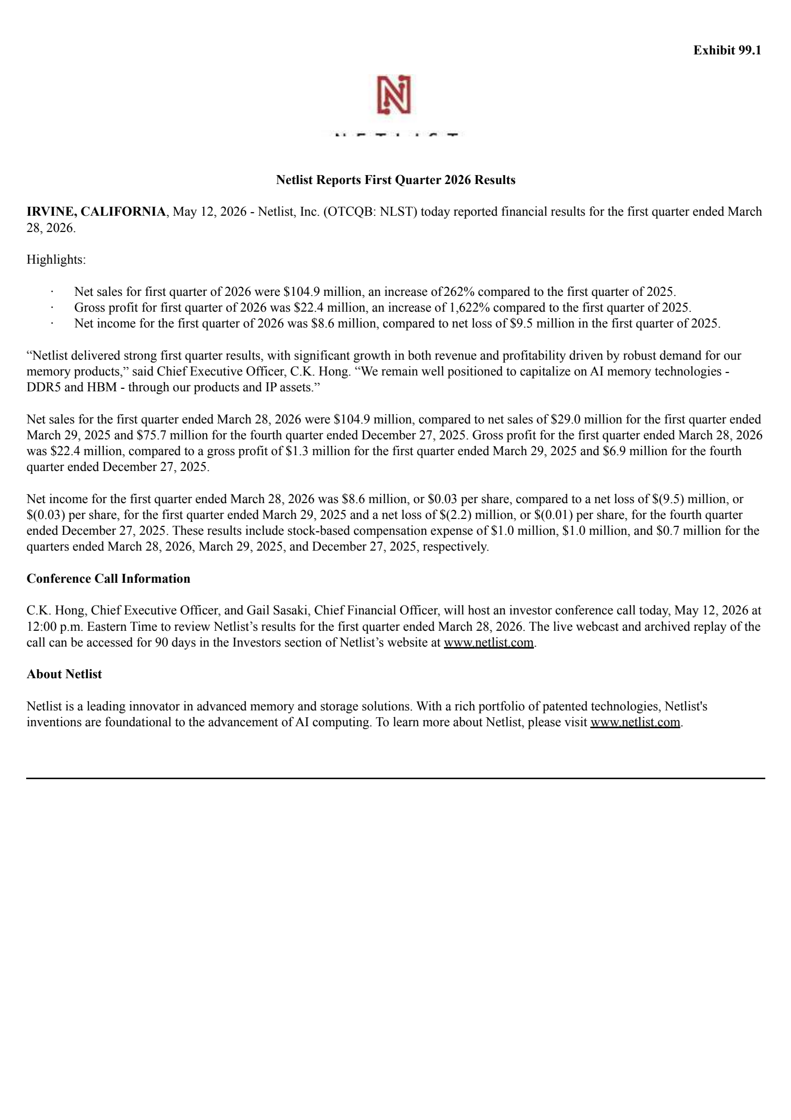 Netlist's Q1 2026 Press Release