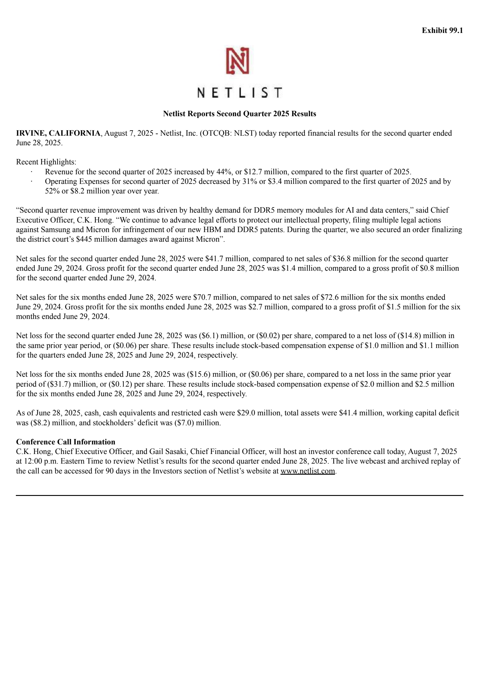 Netlist's Q2 2025 Press Release