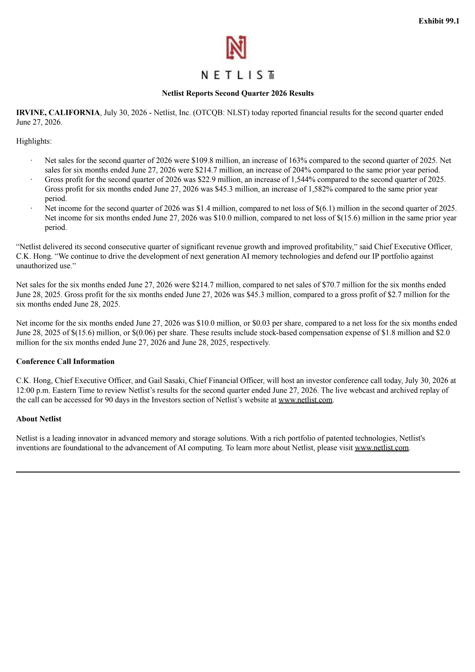 Netlist's Q2 2026 Press Release