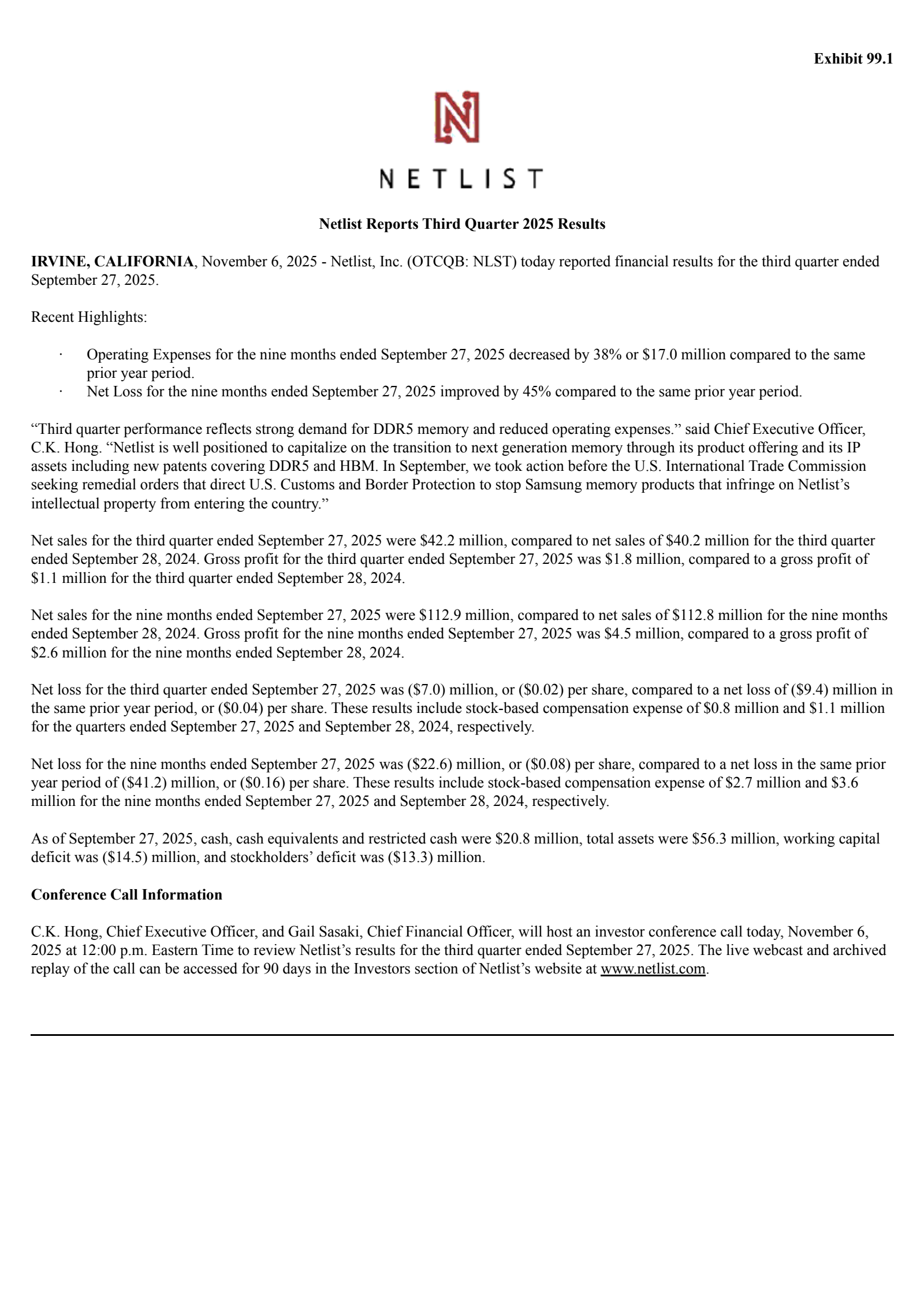 Netlist's Q3 2025 Earnings Release