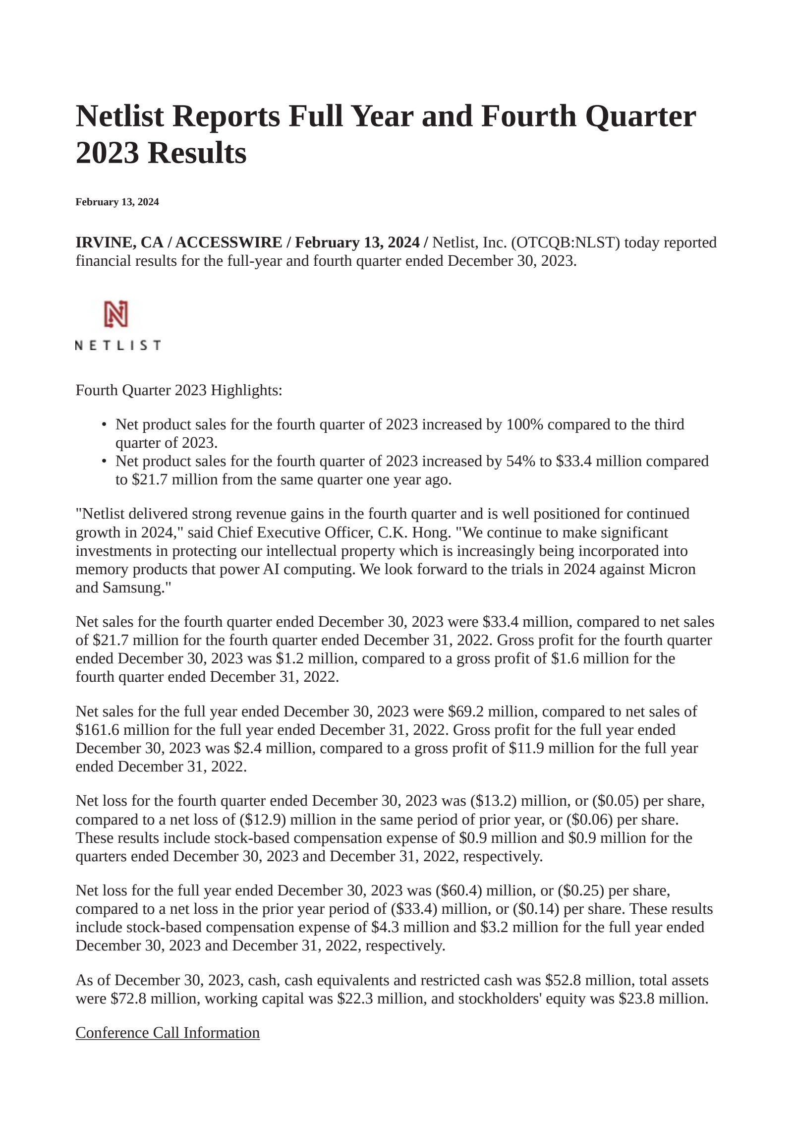 Netlist's Q4 2023 Press Release
