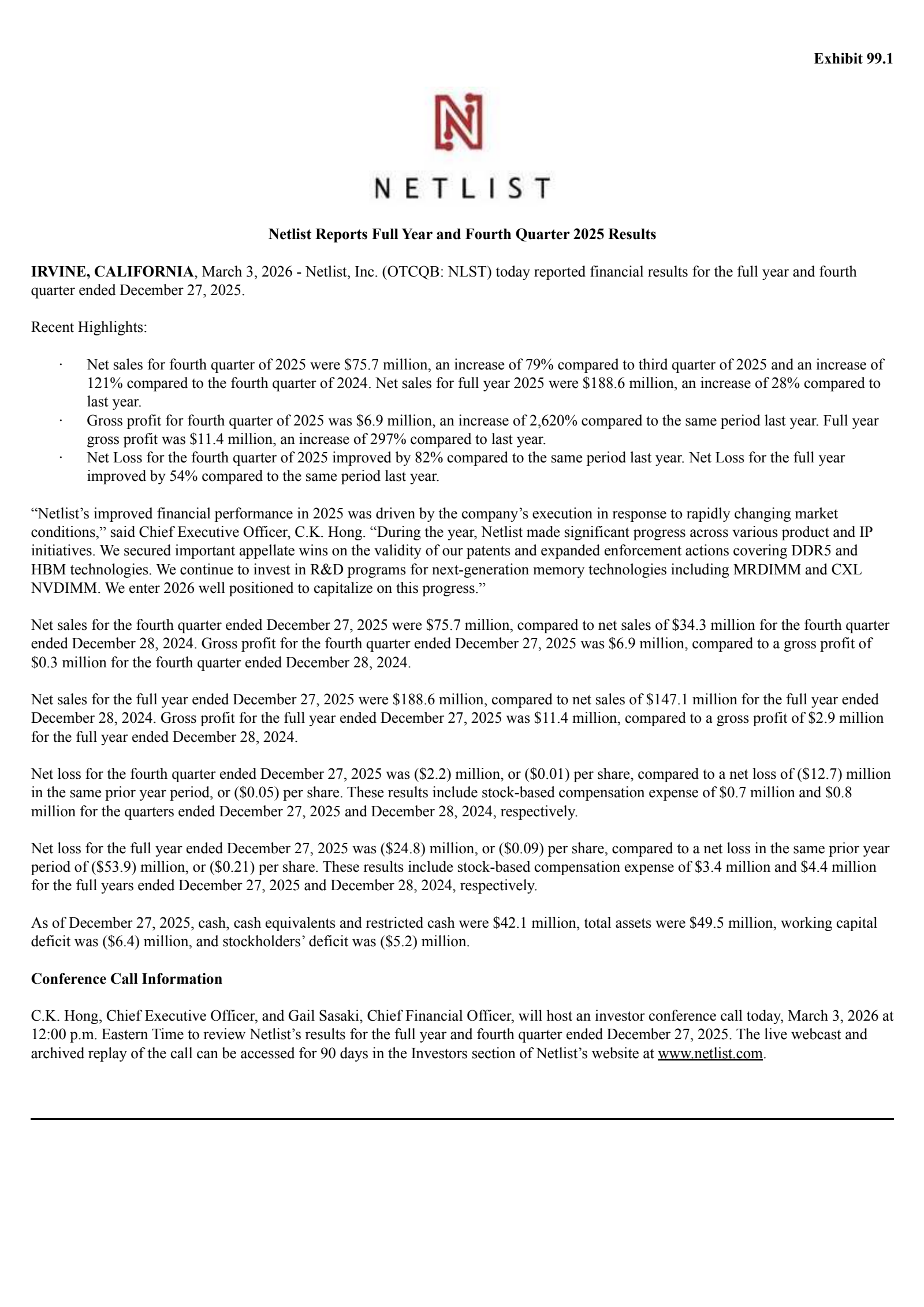 Netlist's Q4 2025 Press Release