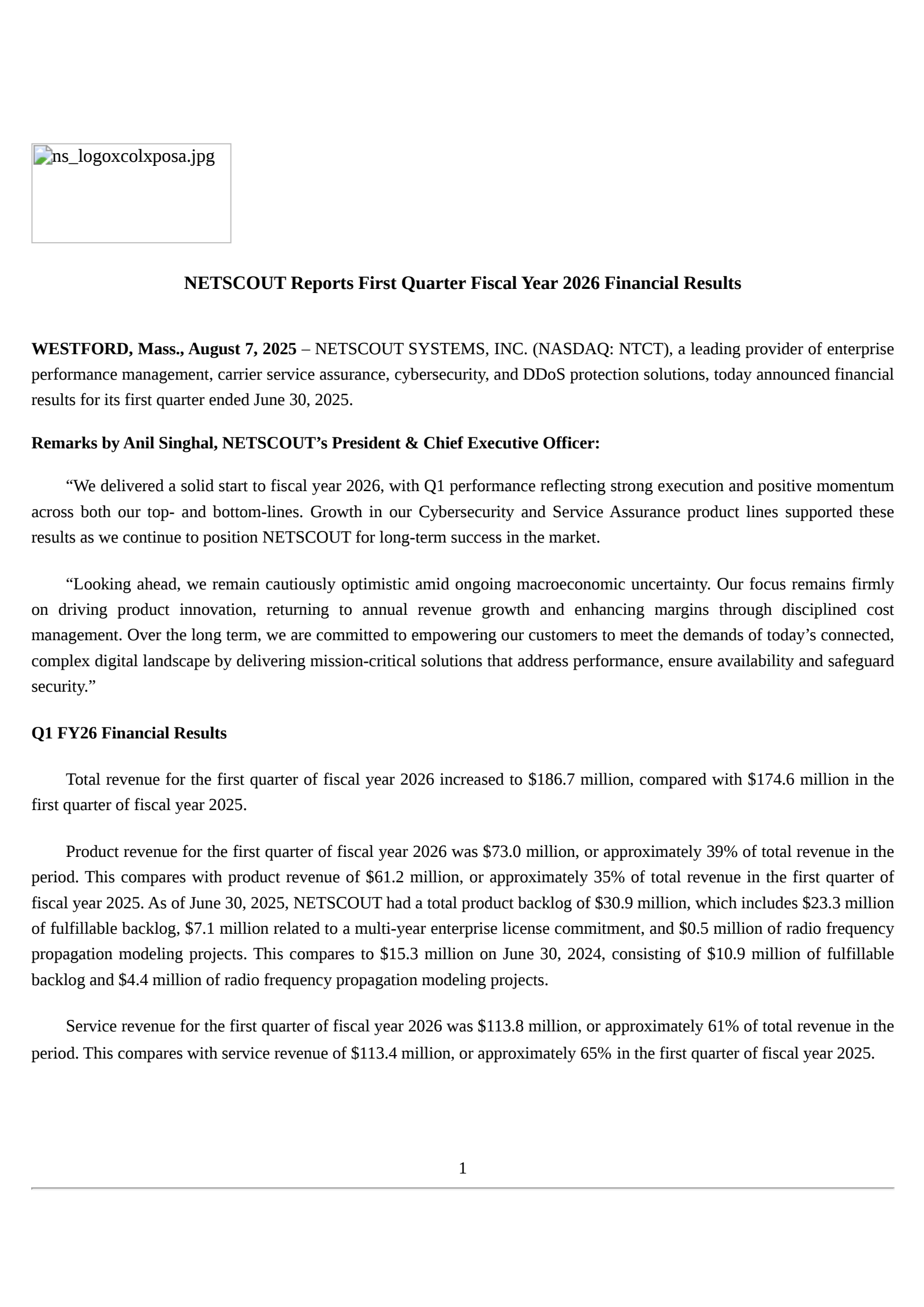 NetScout Systems' Q1 2026 Press Release