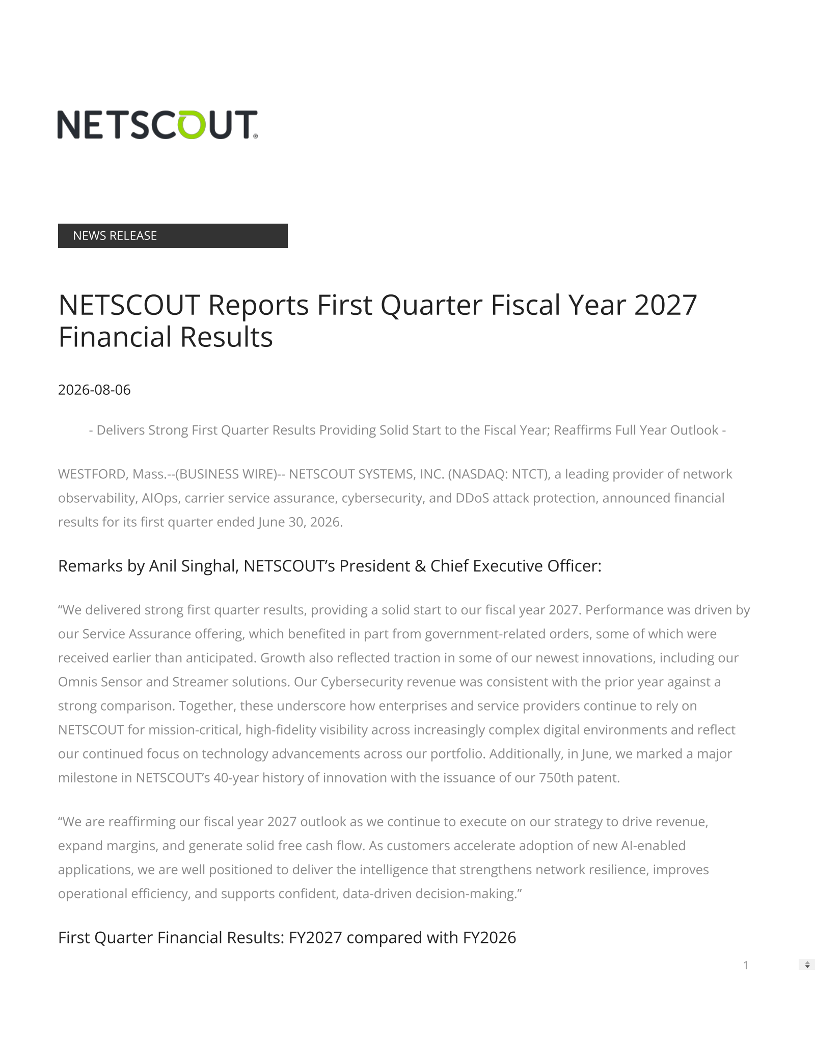 NetScout Systems' Q1 2027 Press Release