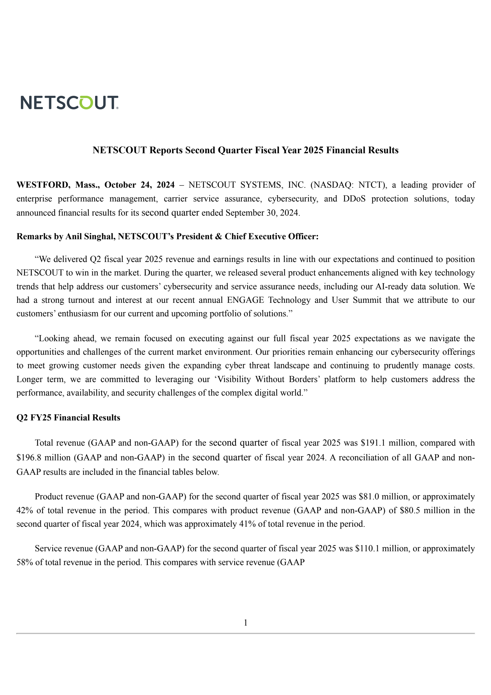 NetScout Systems' Q2 2025 Press Release
