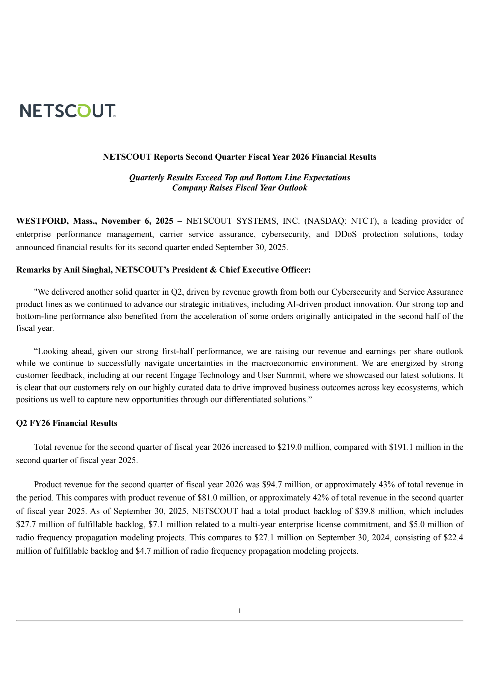 NetScout Systems' Q2 2026 Earnings Release