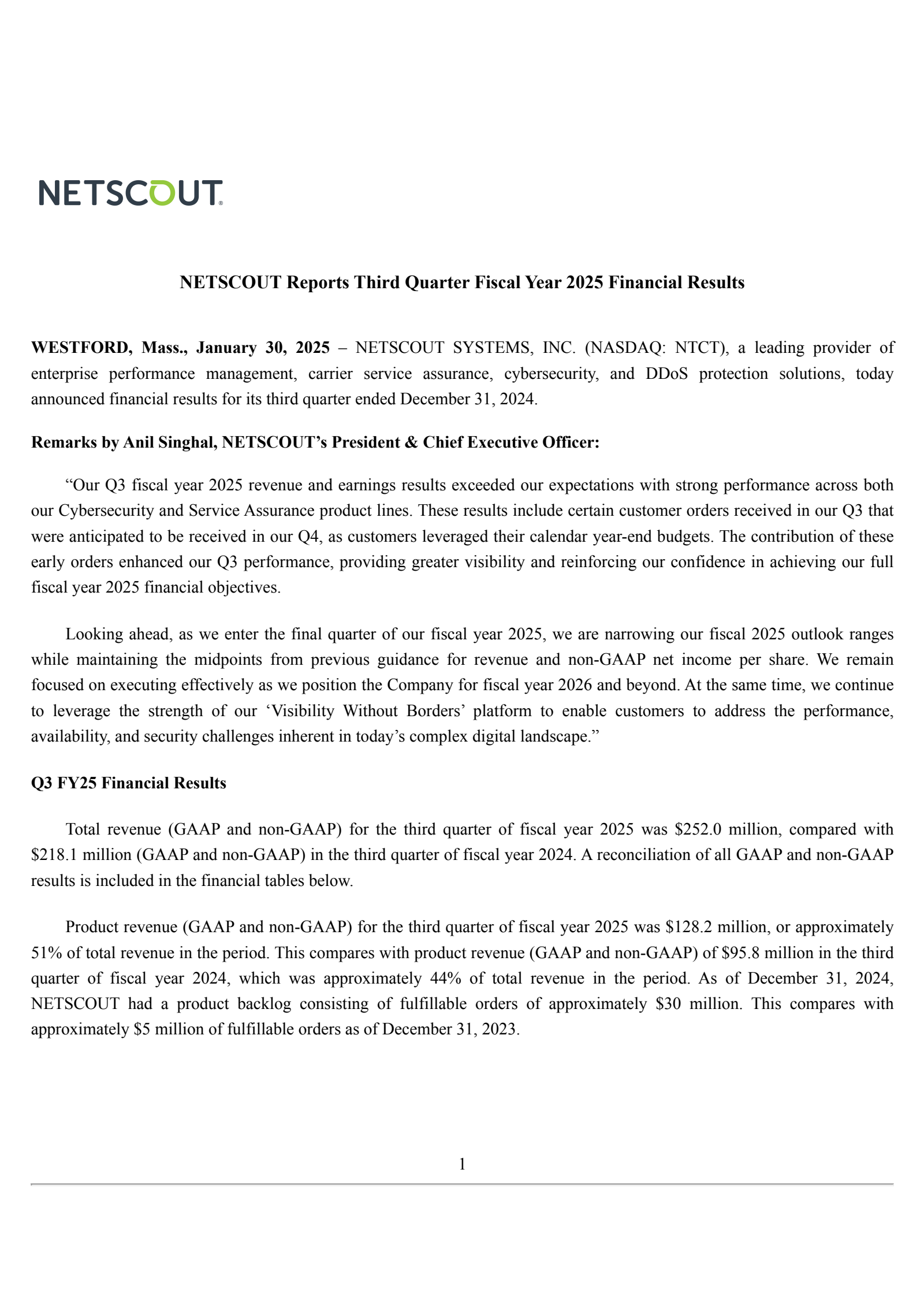 NetScout Systems' Q3 2025 Press Release