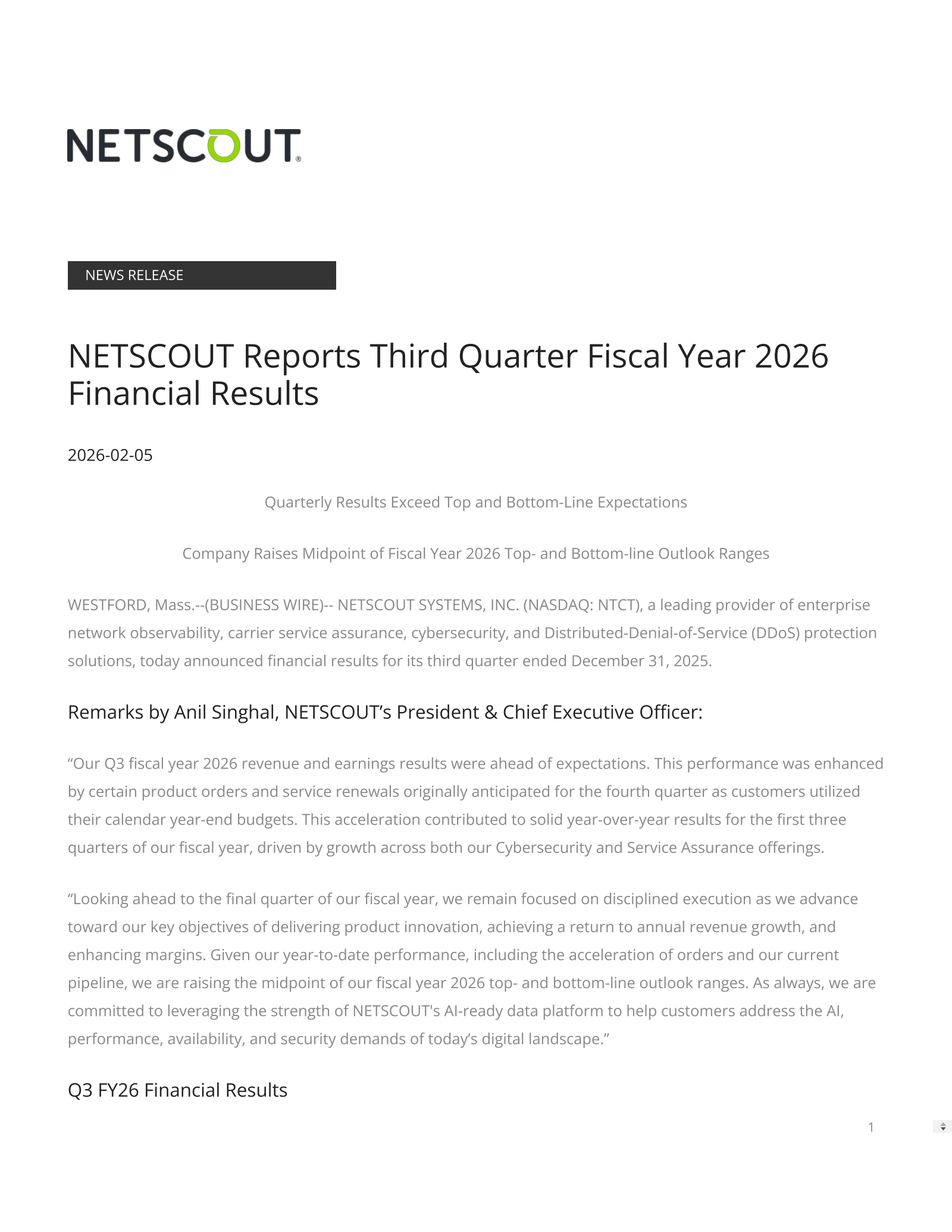 NetScout Systems' Q3 2026 Press Release