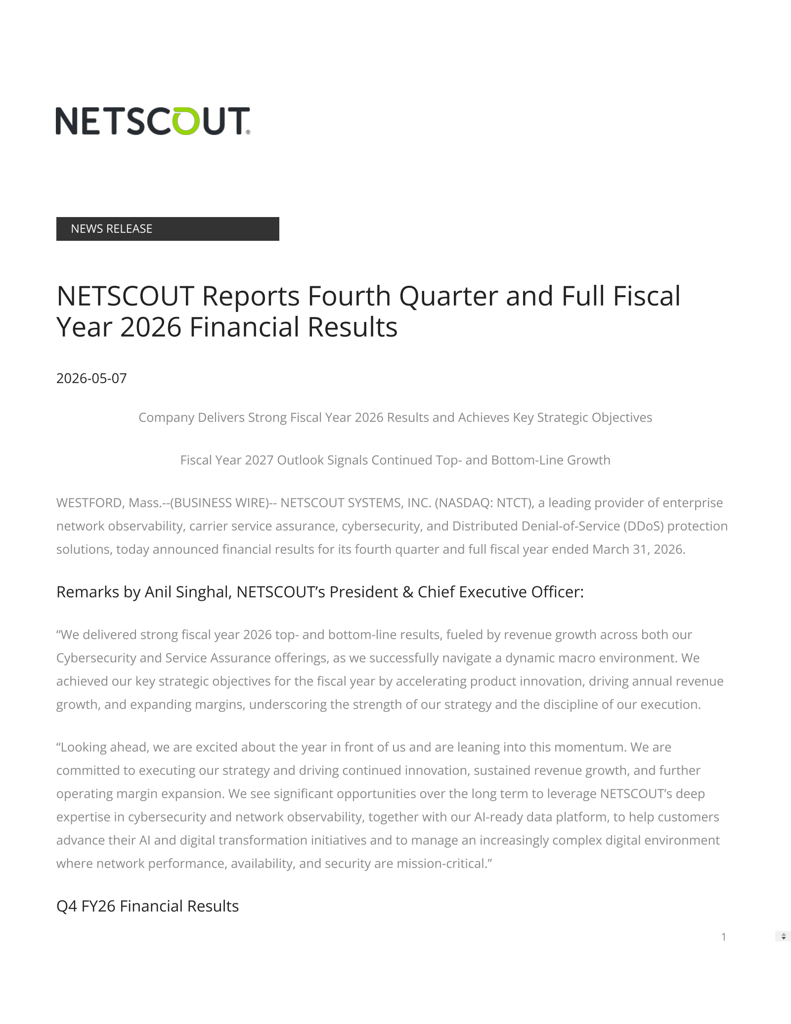 NetScout Systems' Q4 2026 Press Release