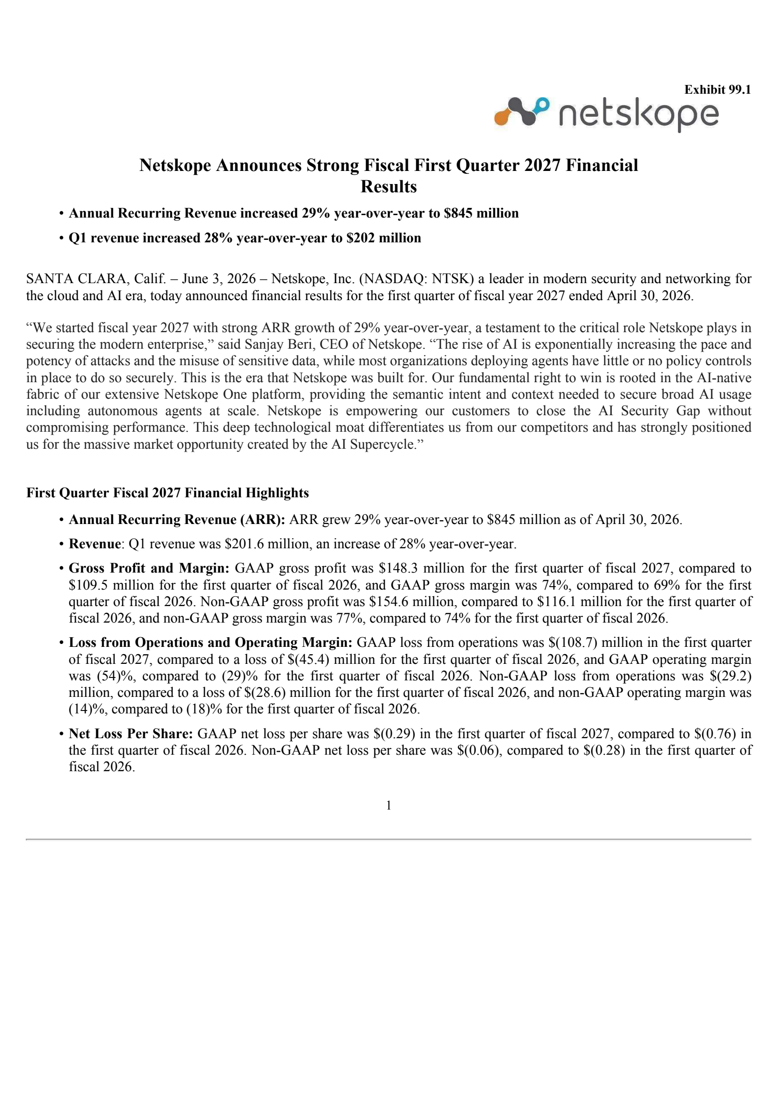 Netskope's Q1 2027 Press Release