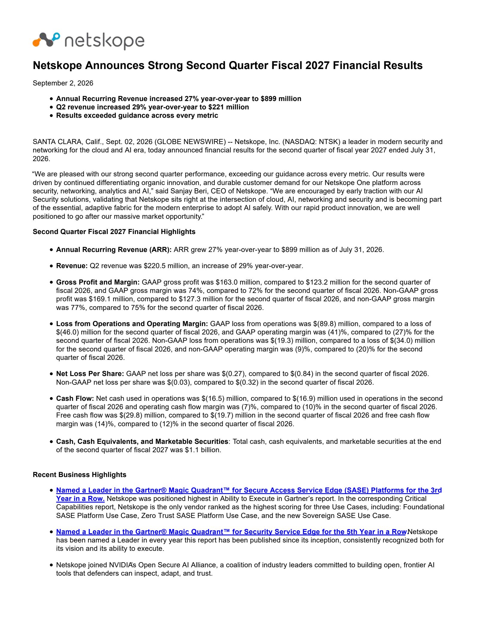 Netskope's Q2 2027 Press Release