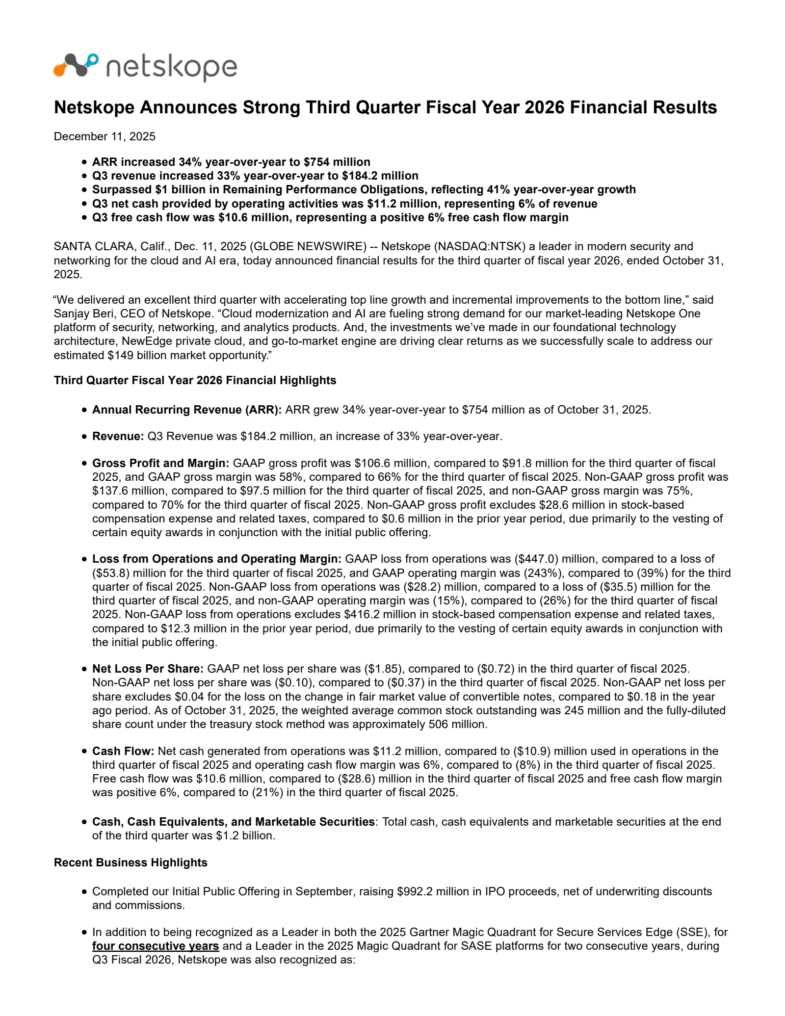 Netskope's Q3 2026 Earnings Release