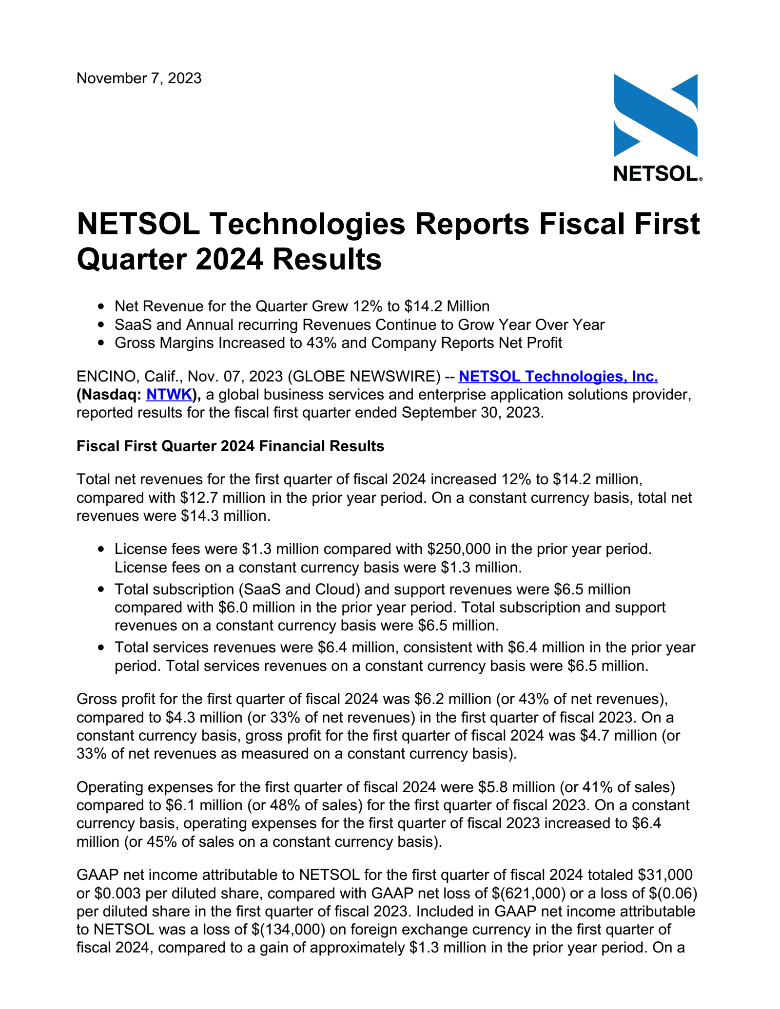 NetSol Technologies' Q1 2024 Press Release