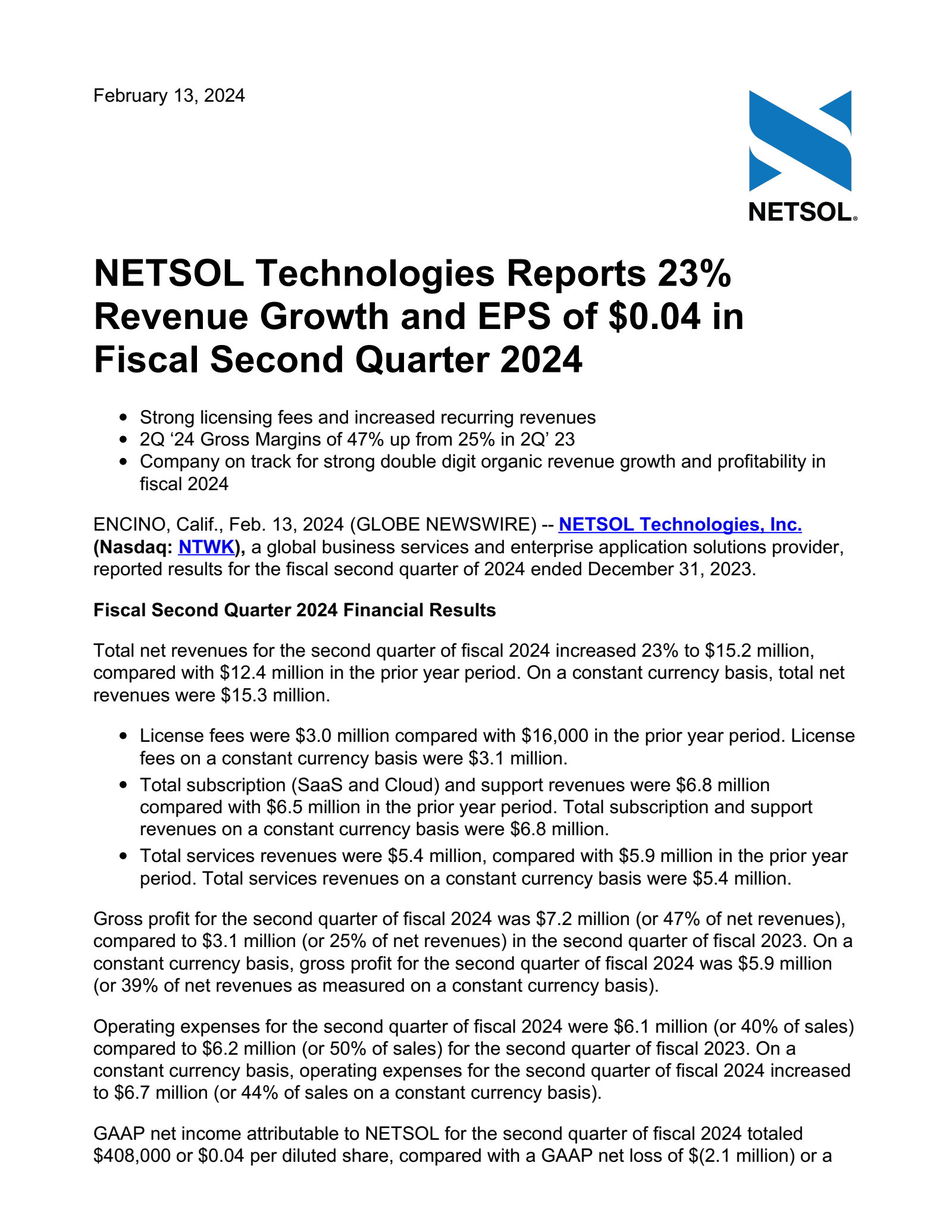 NetSol Technologies' Q2 2024 Press Release