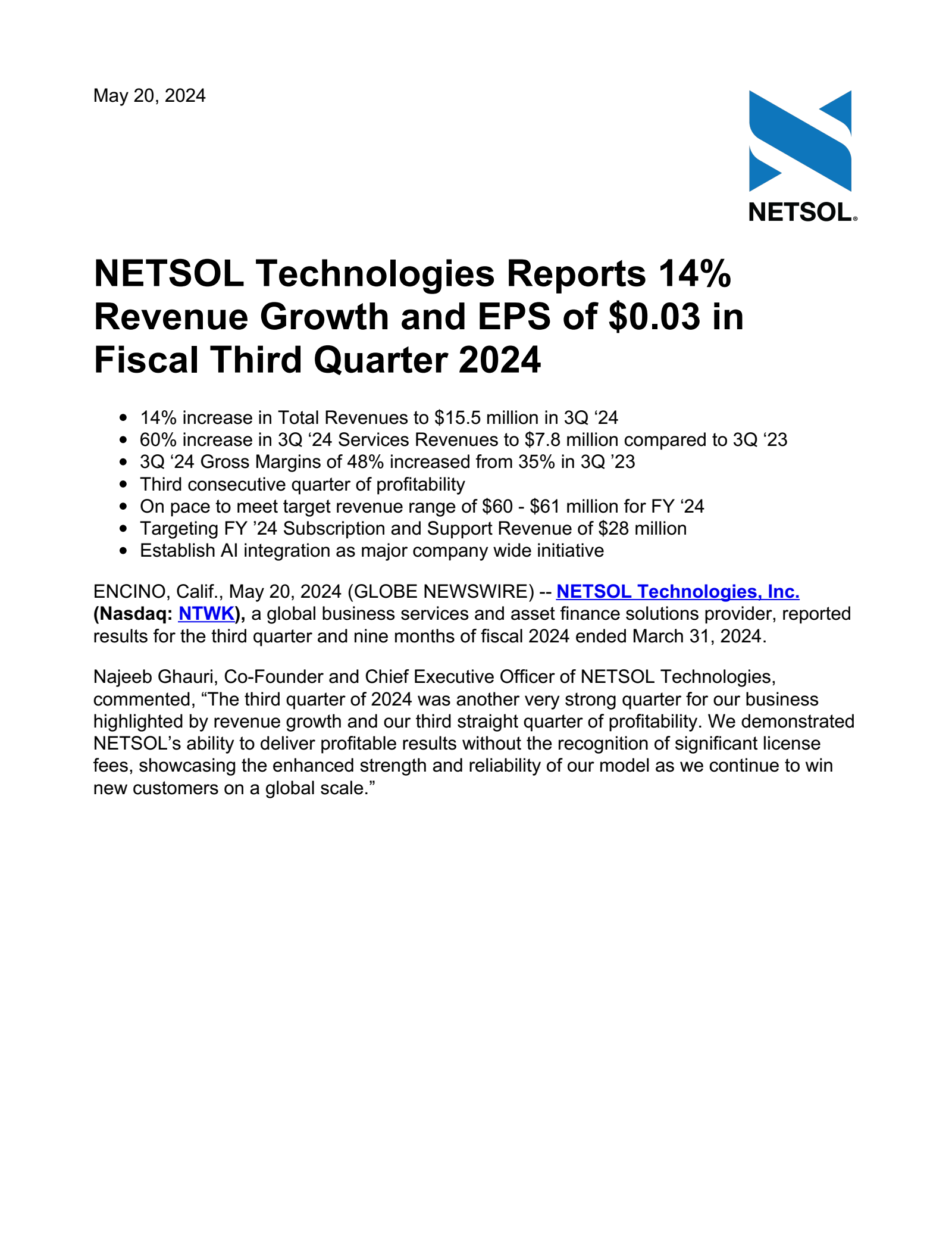 NetSol Technologies' Q3 2024 Press Release