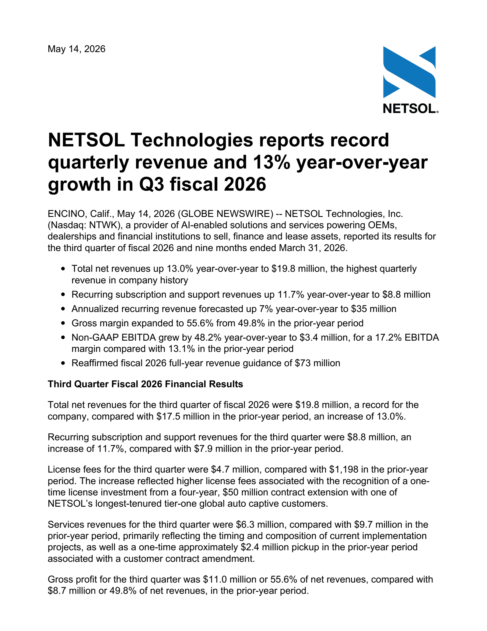 NetSol Technologies' Q3 2026 Press Release