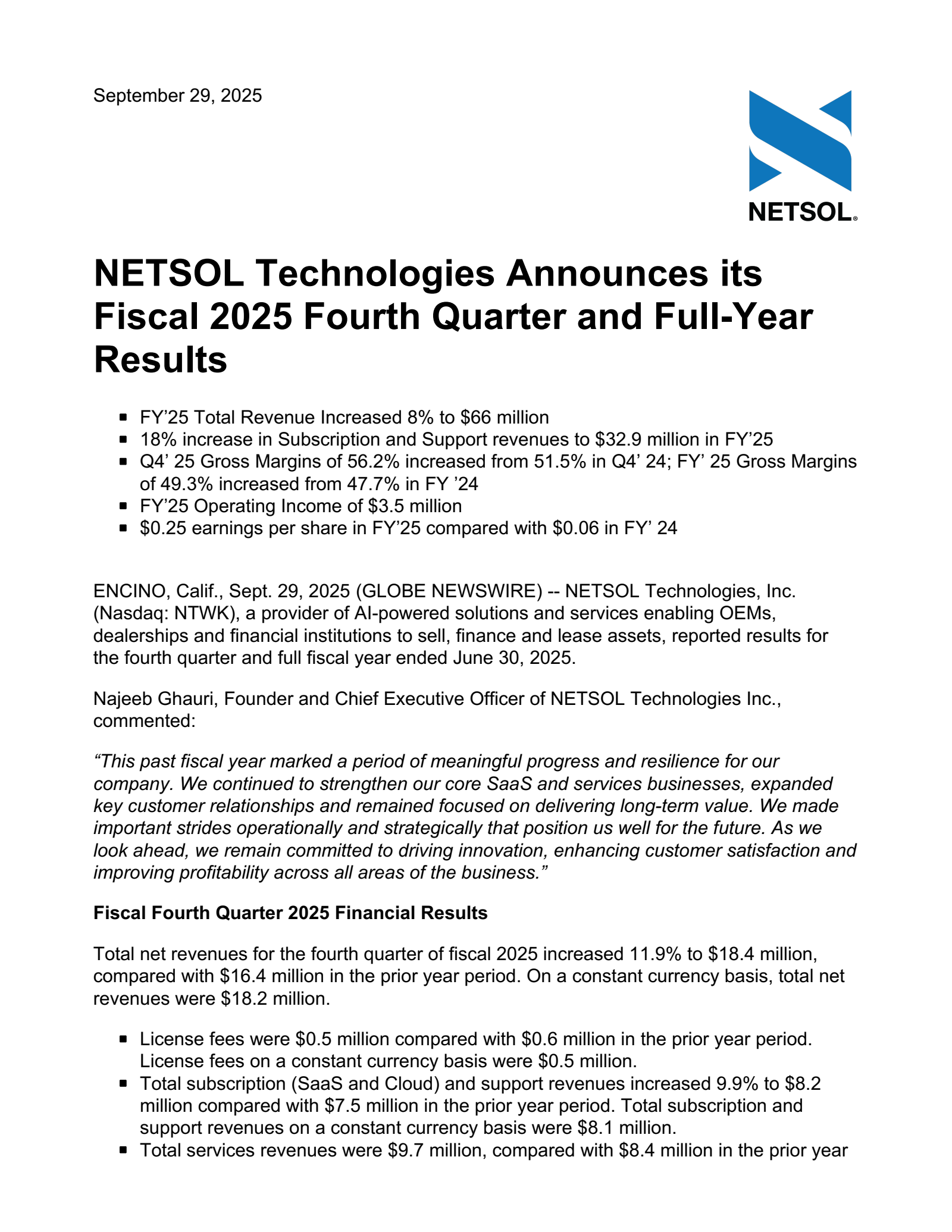 NetSol Technologies' Q4 2025 Earnings Release