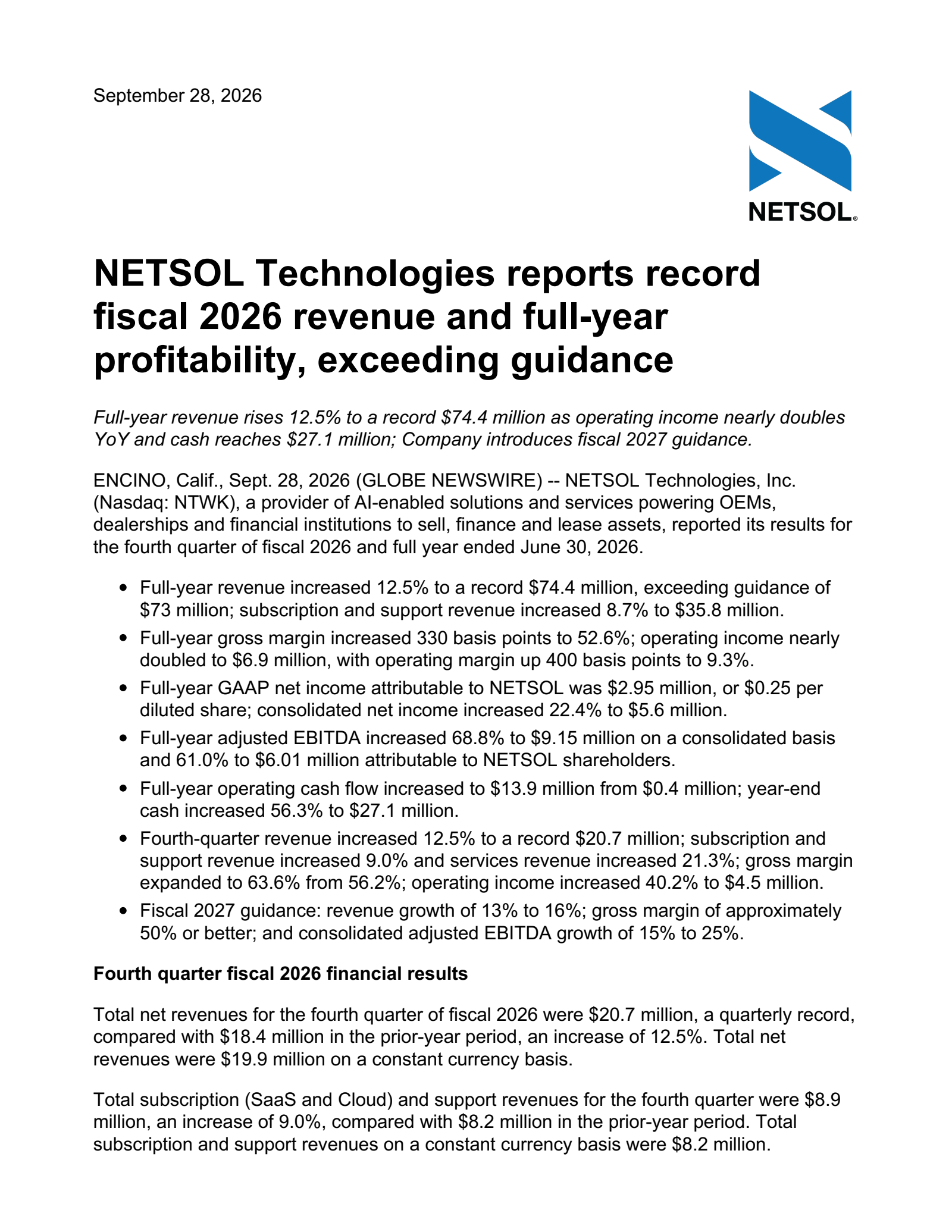 NetSol Technologies' Q4 2026 Press Release