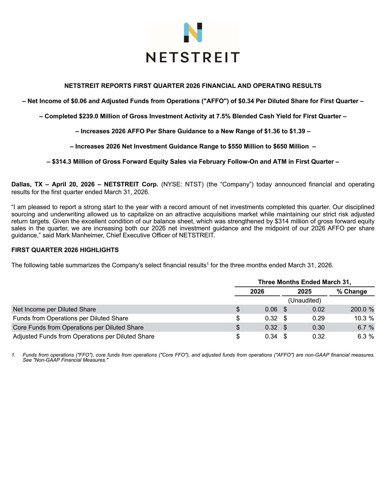 NETSTREIT's Q1 2026 Press Release