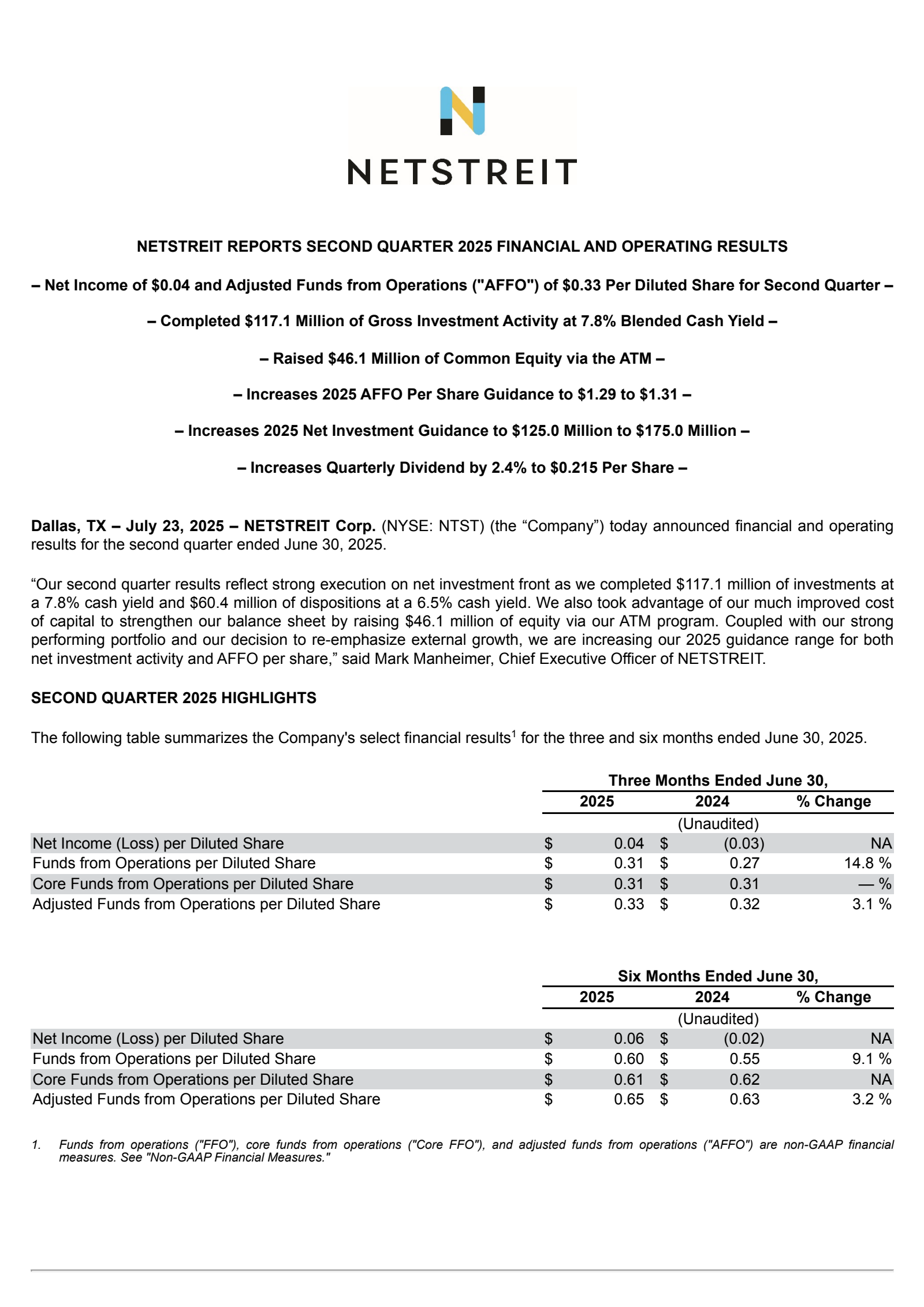 NETSTREIT's Q2 2025 Press Release