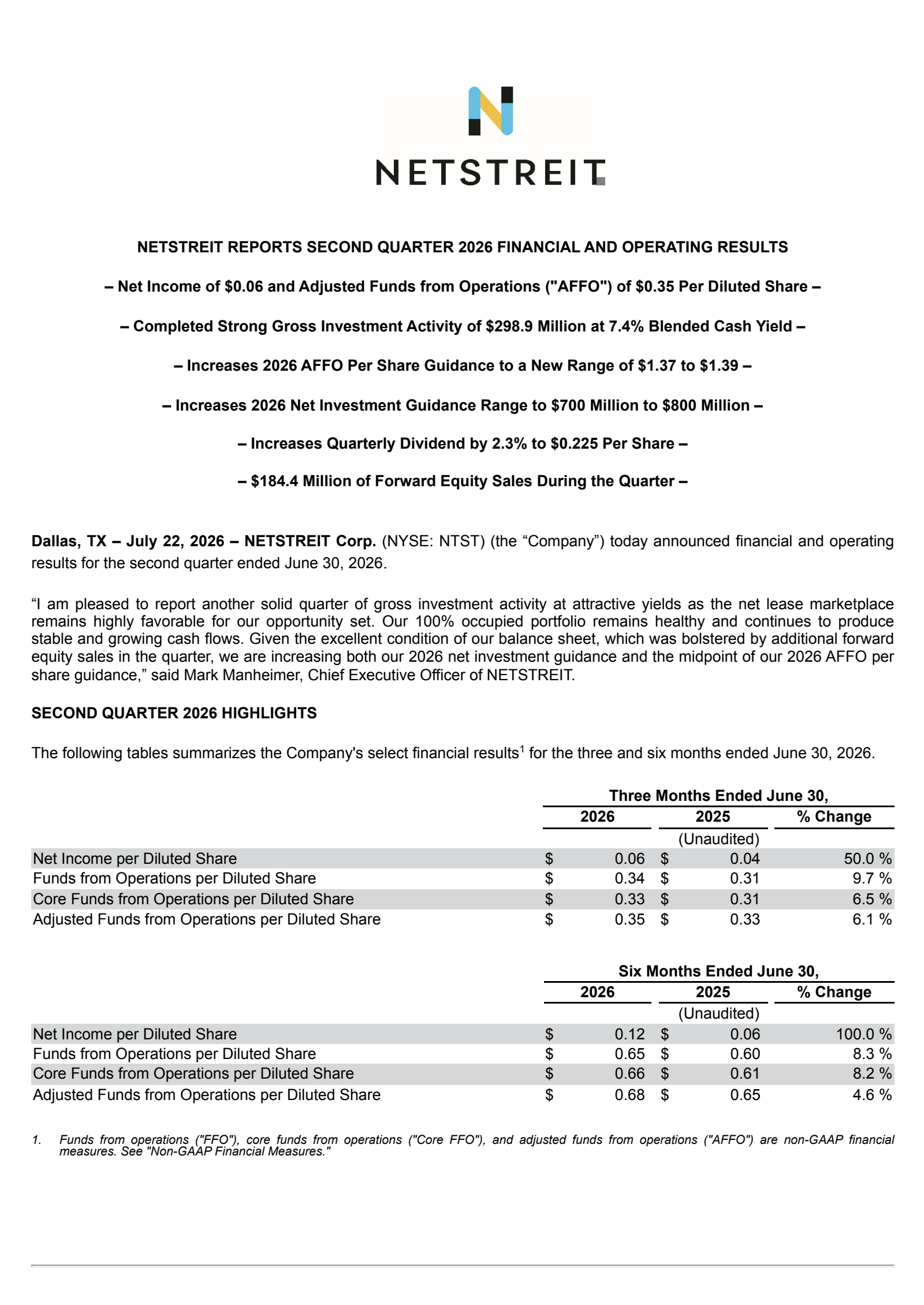 NETSTREIT's Q2 2026 Press Release