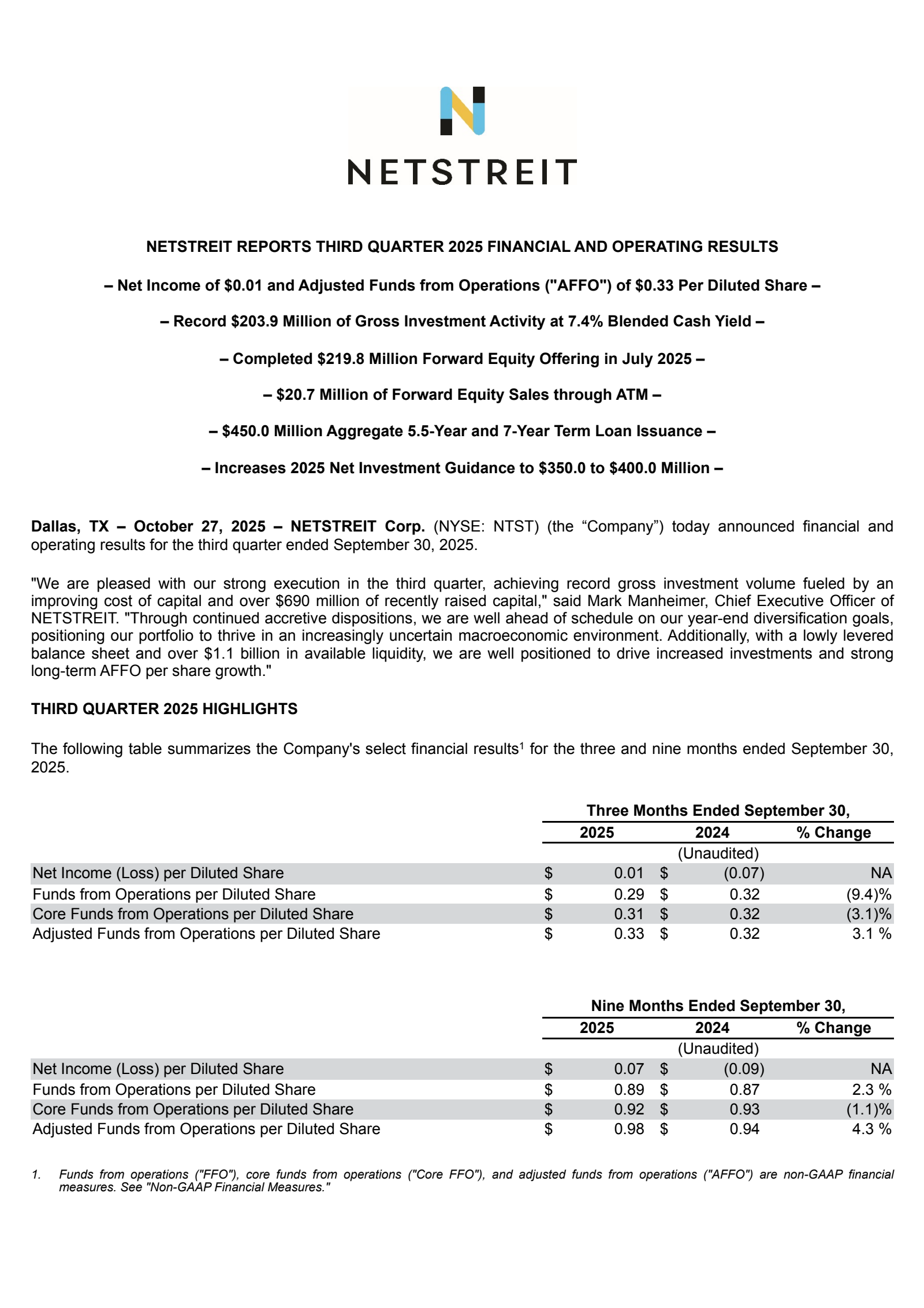 NETSTREIT's Q3 2025 Earnings Release
