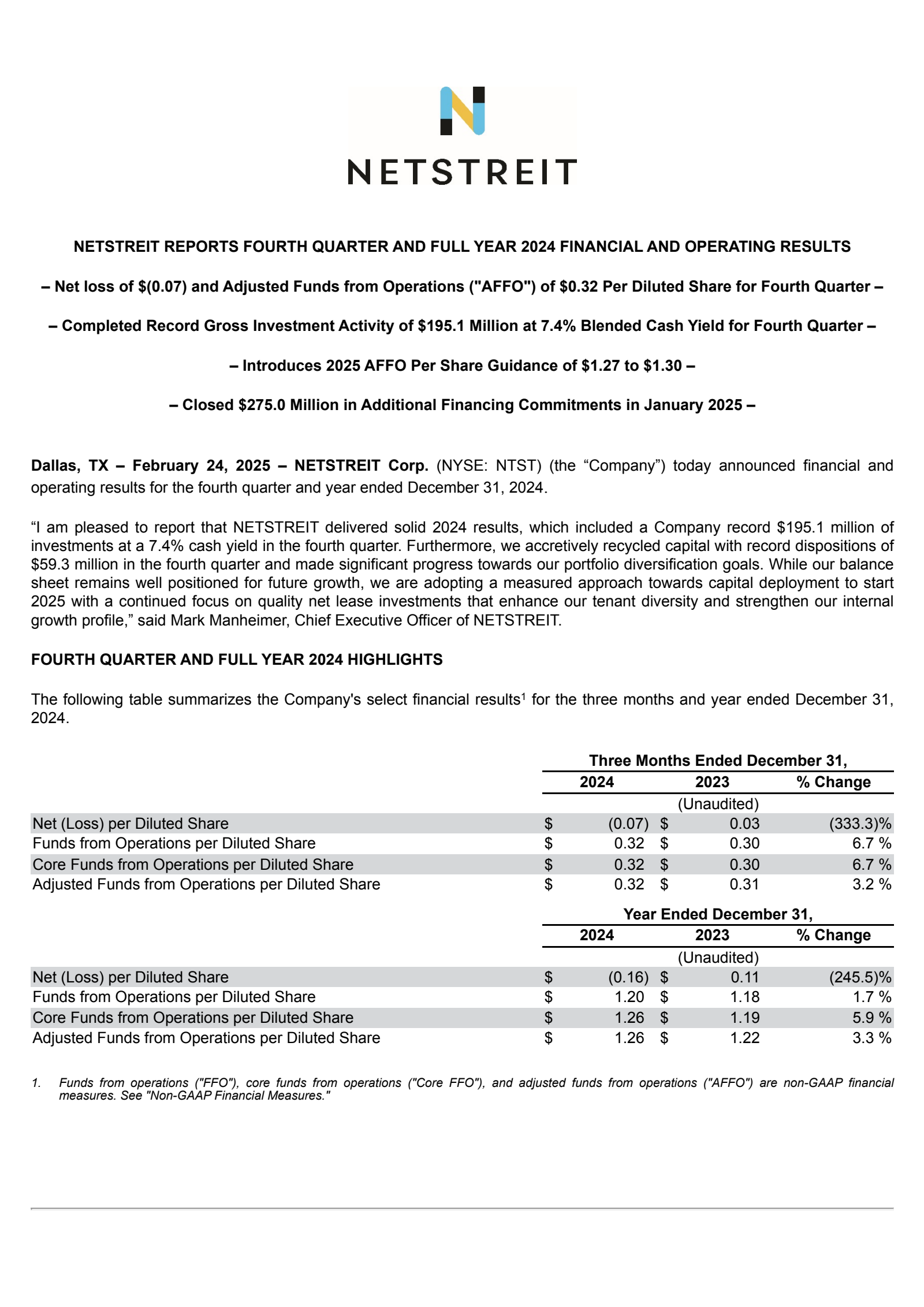 NETSTREIT's Q4 2024 Press Release
