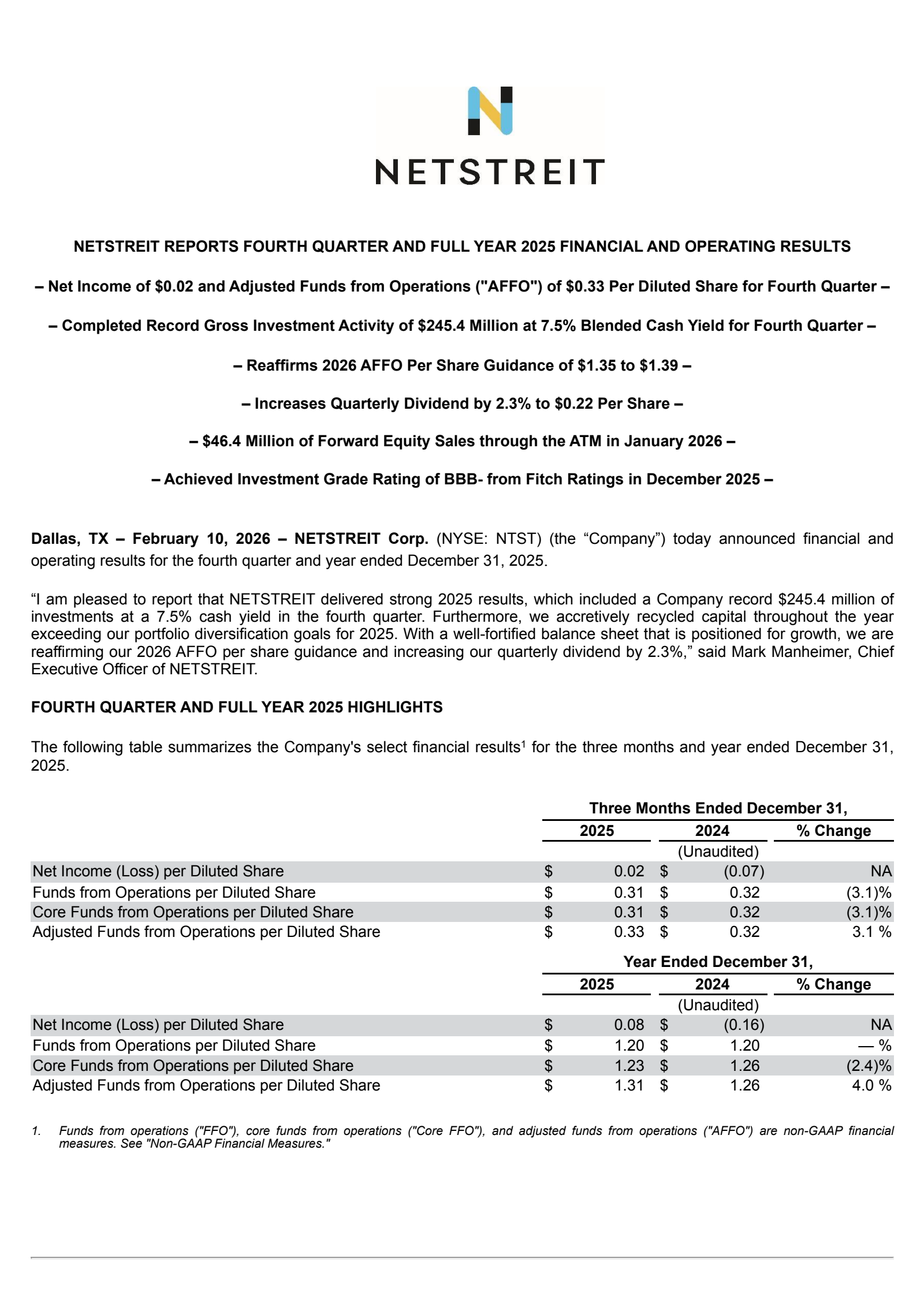 NETSTREIT's Q4 2025 Press Release