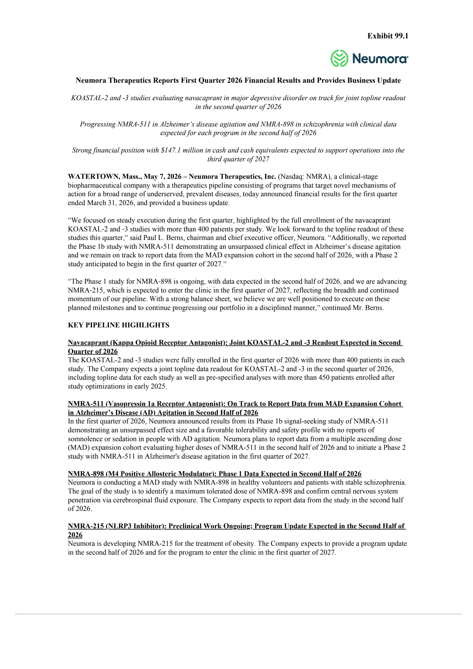 Neumora Therapeutics' Q1 2026 Press Release