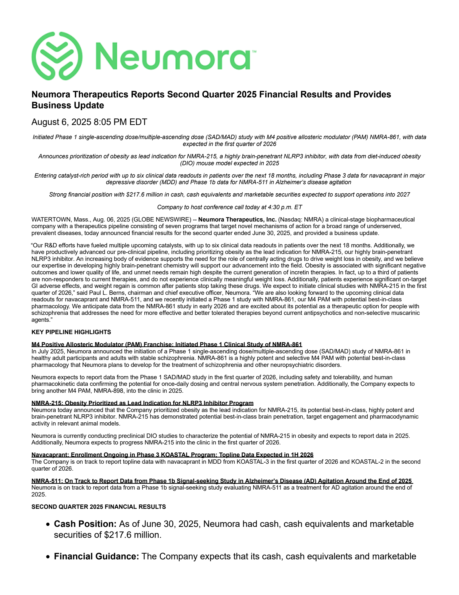 NMRA Q2 2025 Earnings Report on 8/6/2025