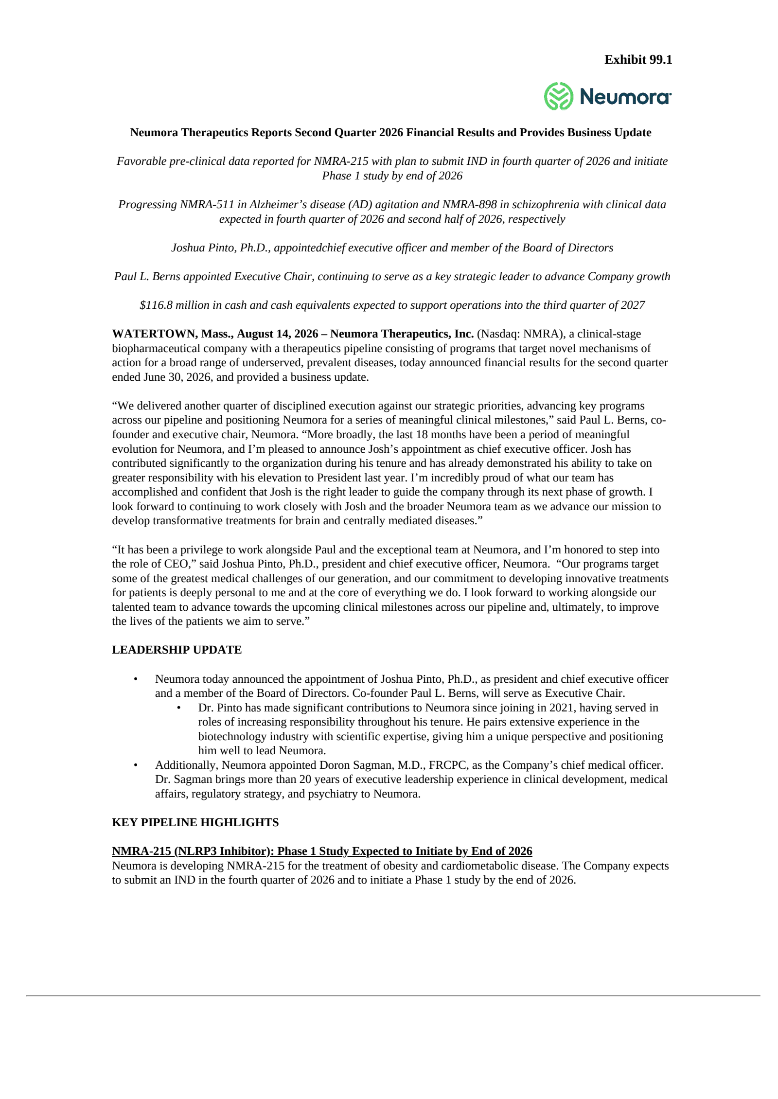 Neumora Therapeutics' Q2 2026 Press Release