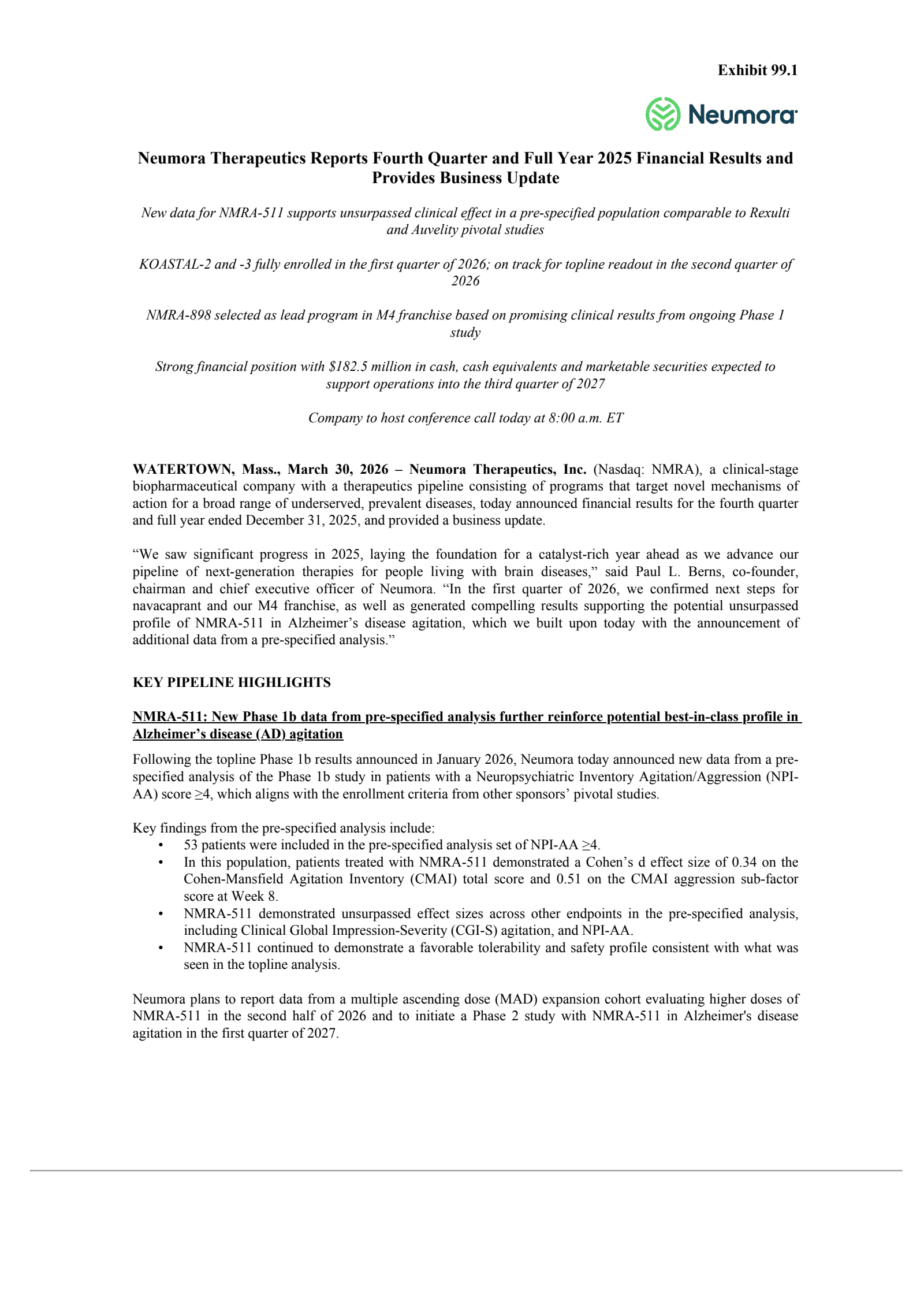 Neumora Therapeutics' Q4 2025 Press Release