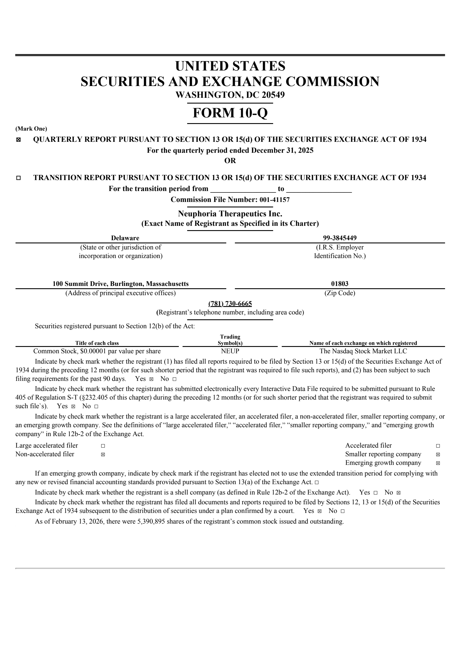 Neuphoria Therapeutics' Q2 2026 Quarterly report
