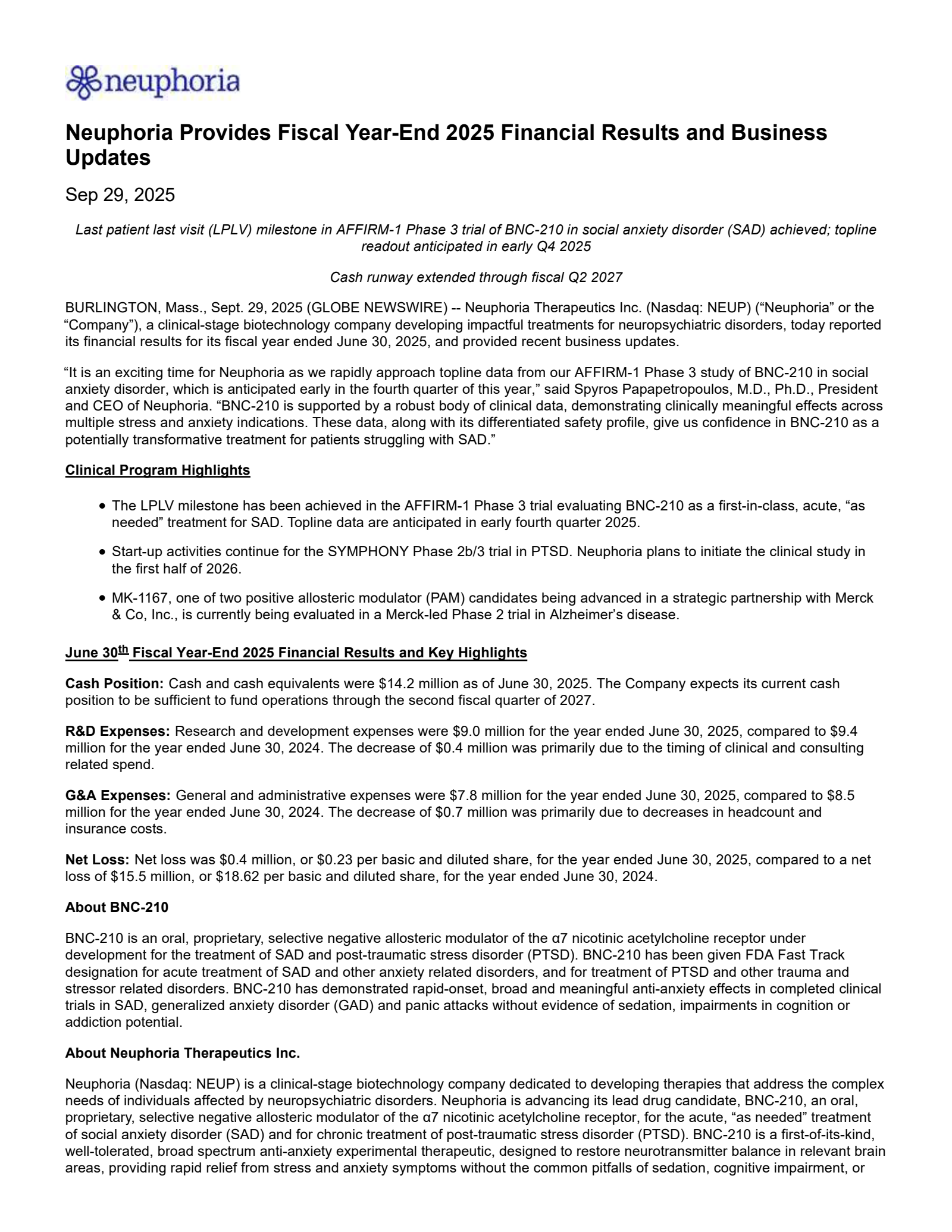 Neuphoria Therapeutics' Q4 2025 Press Release