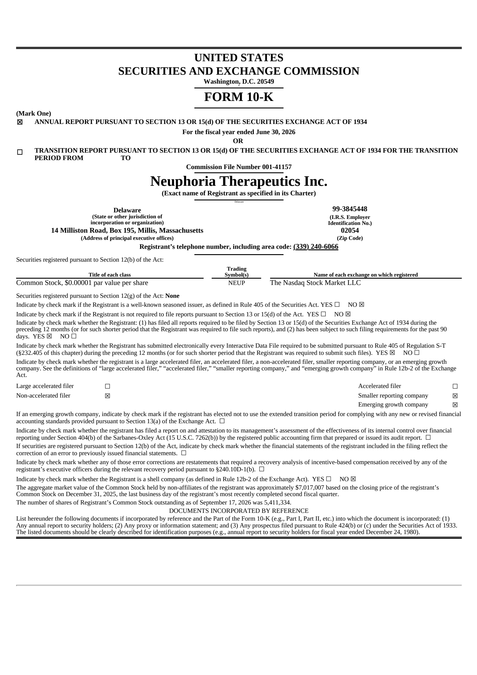 Neuphoria Therapeutics' Q4 2026 Annual report