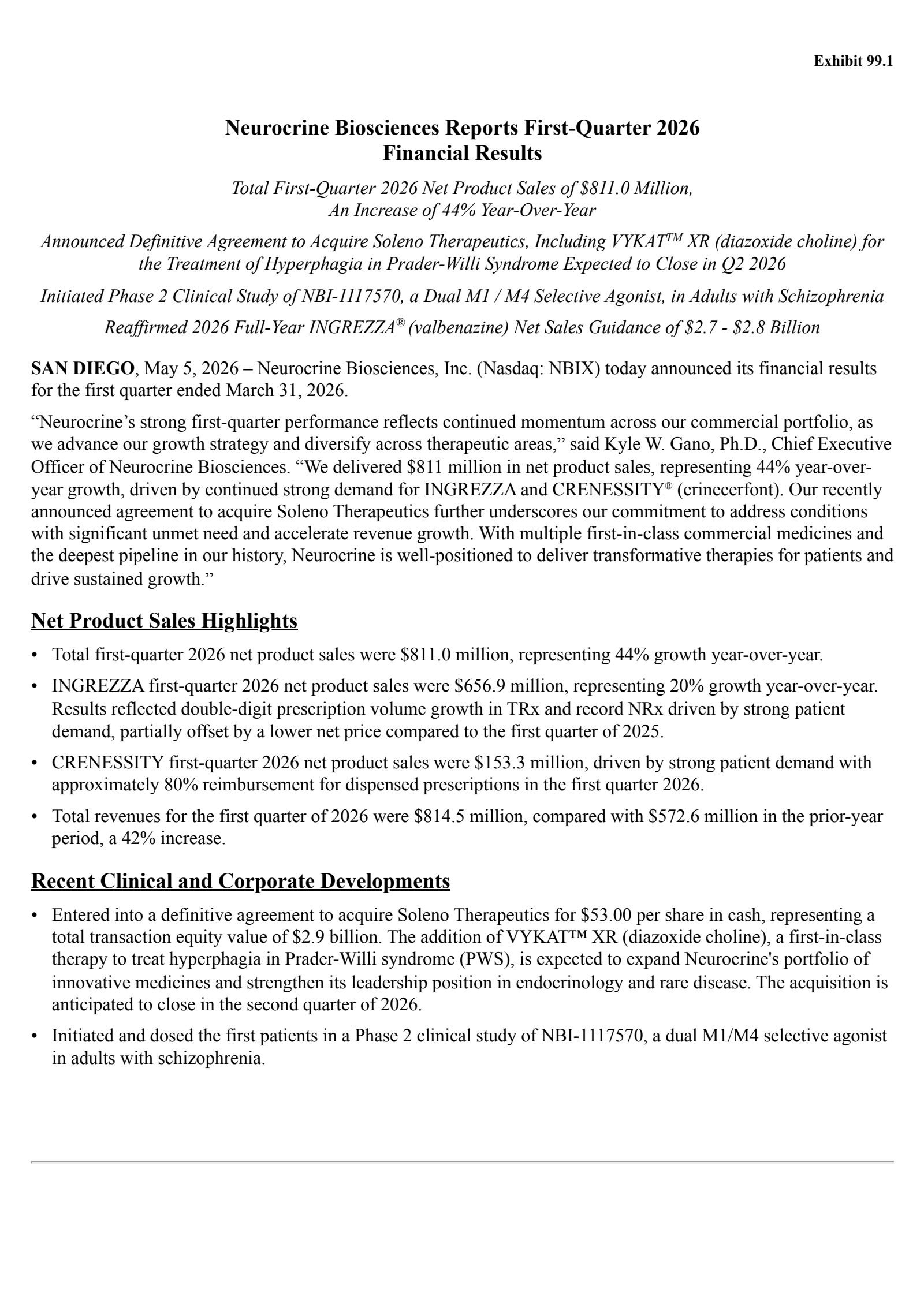 Neurocrine Biosciences' Q1 2026 Press Release