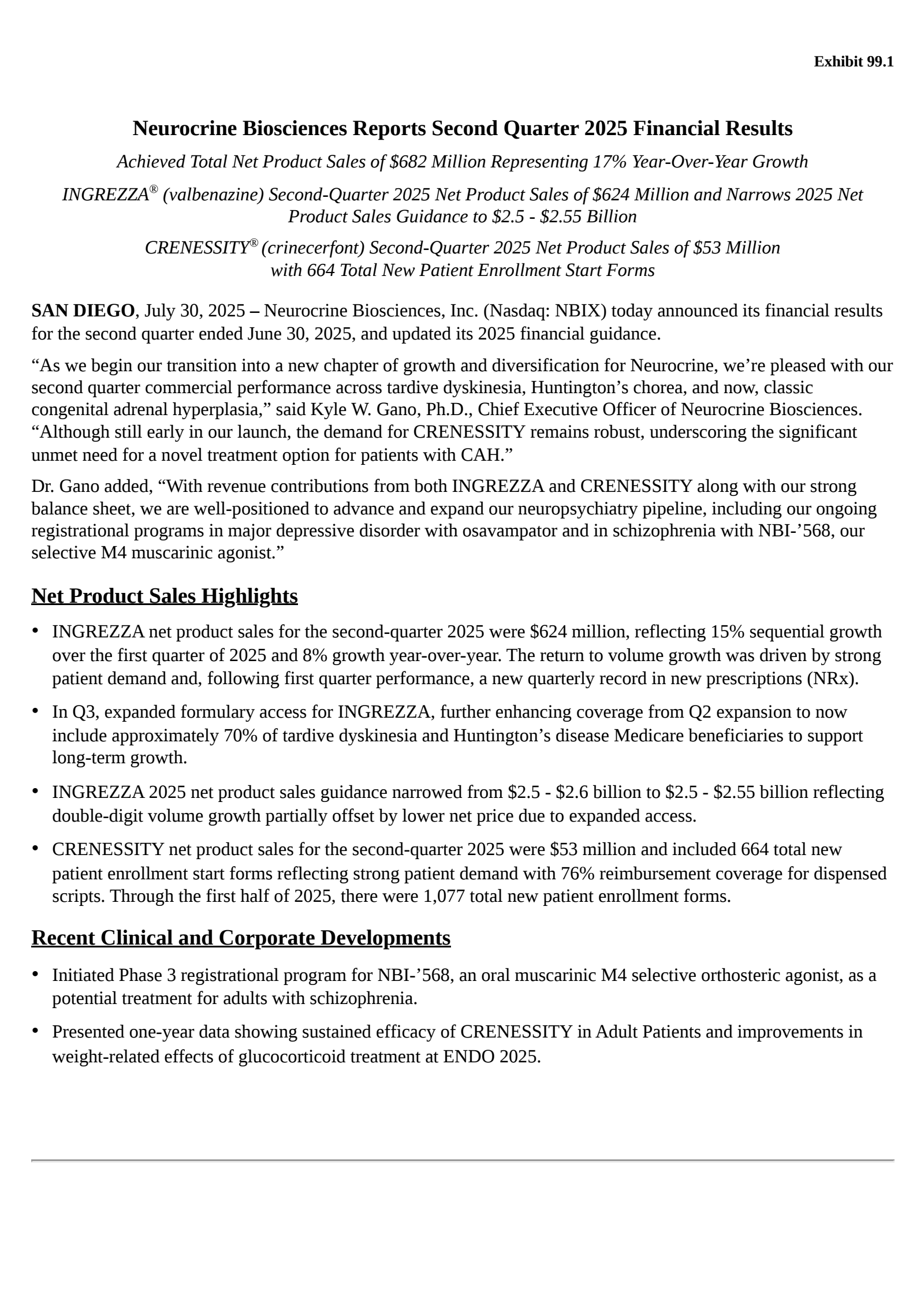 Neurocrine Biosciences' Q2 2025 Press Release