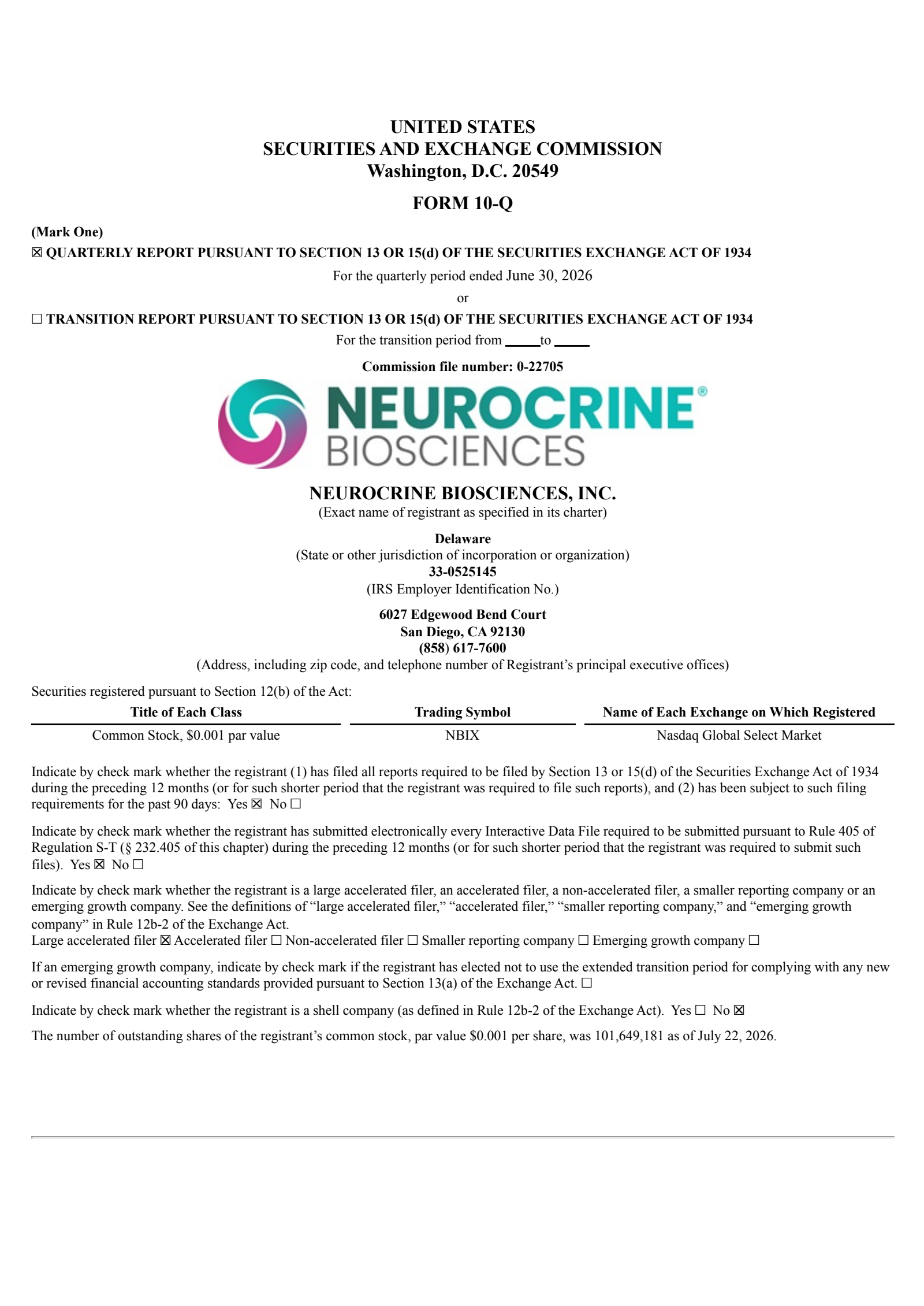 Neurocrine Biosciences' Q2 2026 Quarterly report