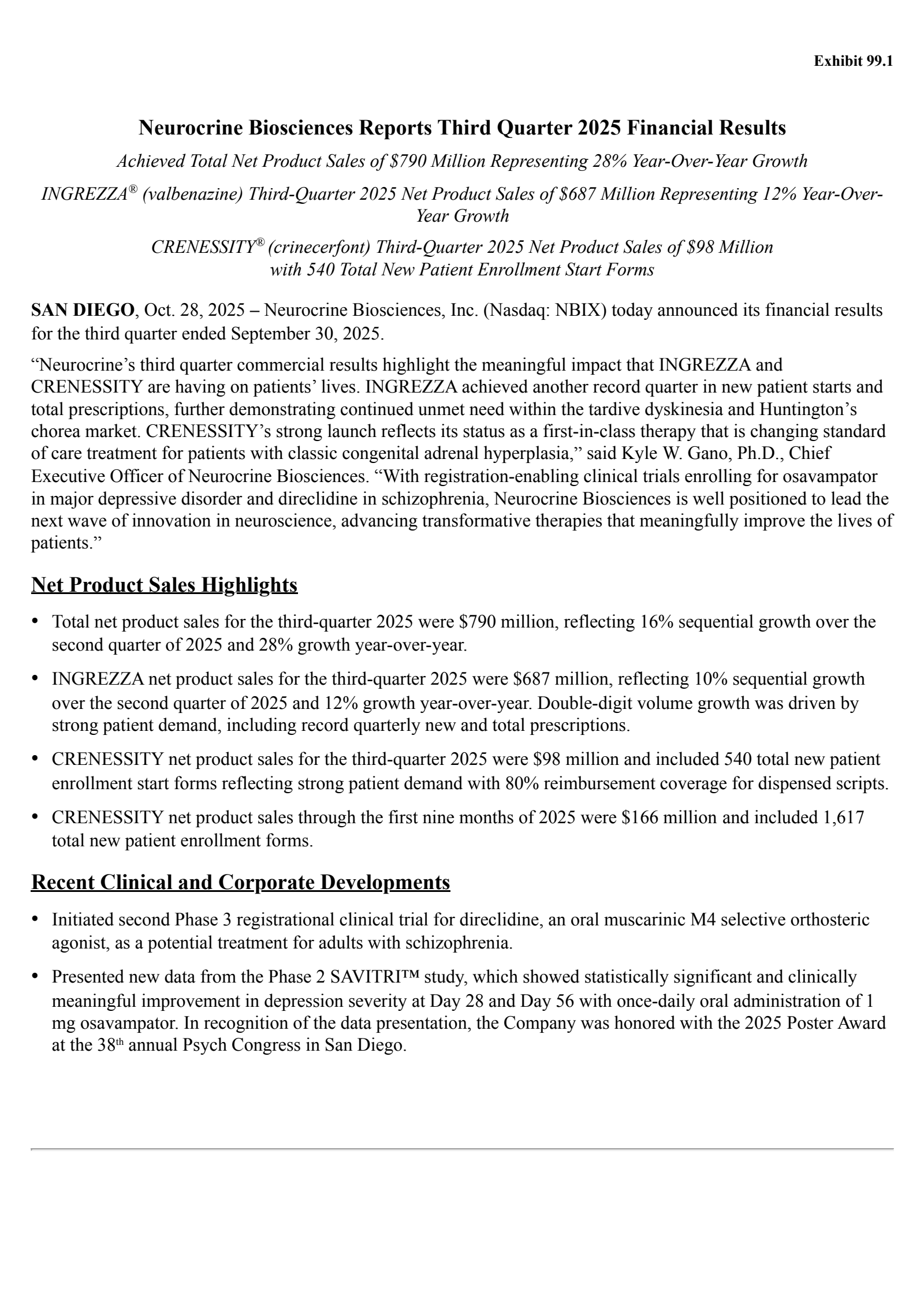 Neurocrine Biosciences' Q3 2025 Earnings Release