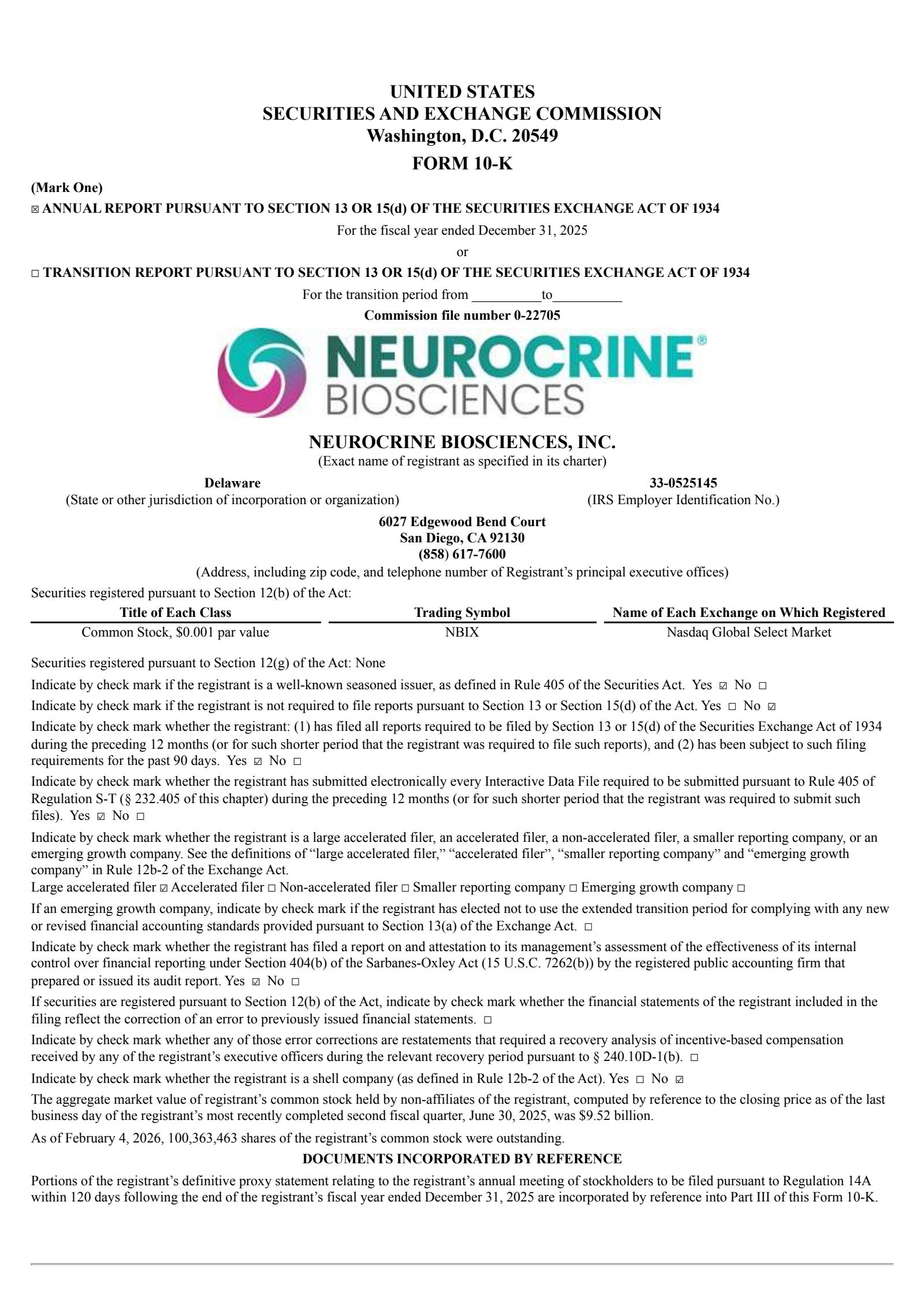 Neurocrine Biosciences' Q4 2025 Annual report