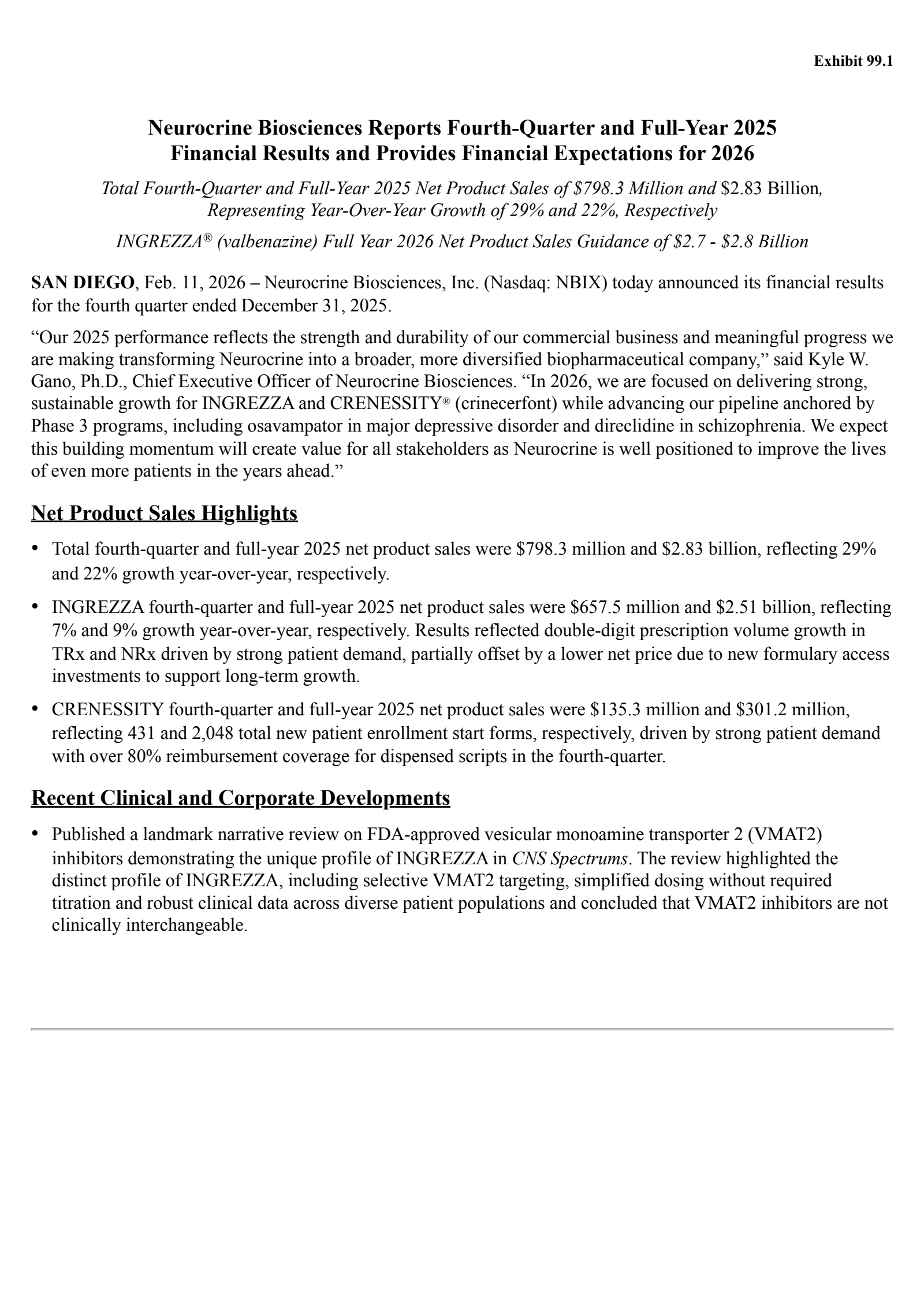 Neurocrine Biosciences' Q4 2025 Press Release