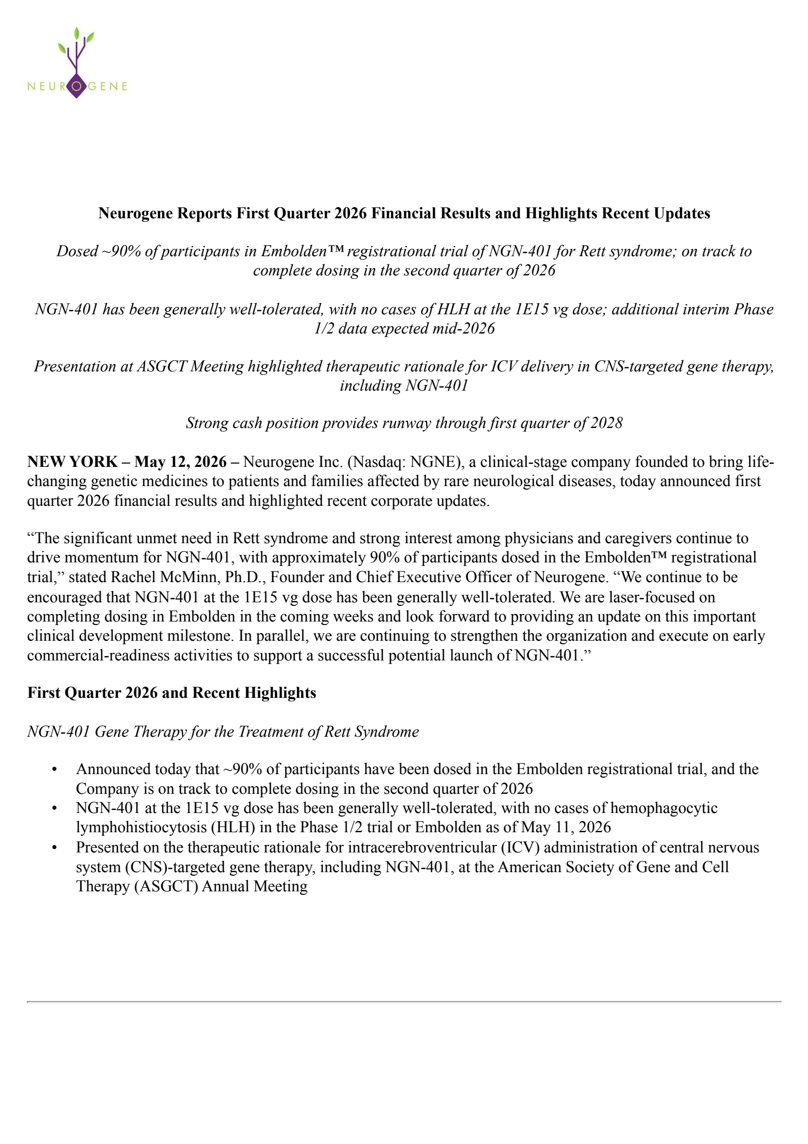 Neurogene's Q1 2026 Press Release