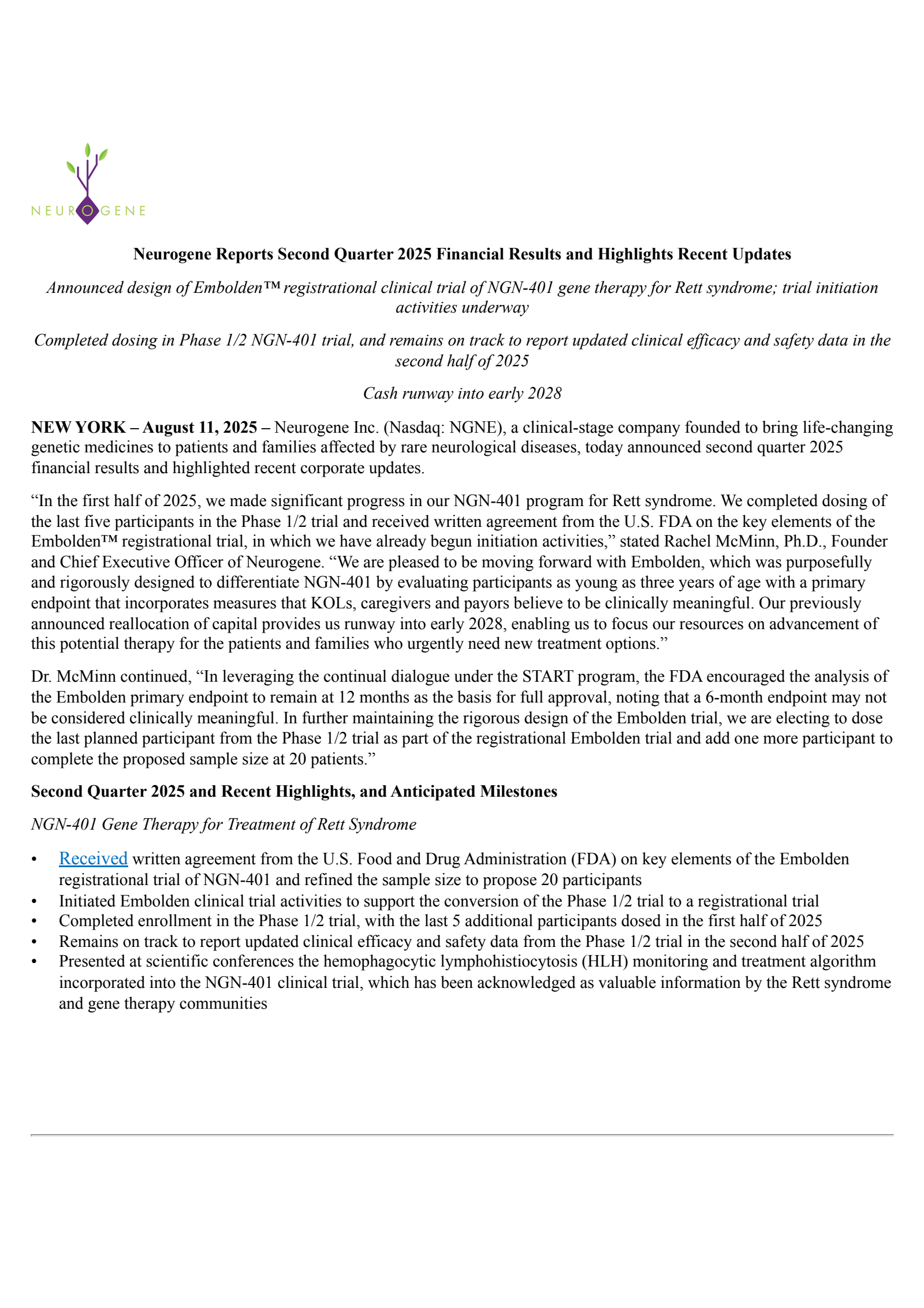 Neurogene's Q2 2025 Press Release