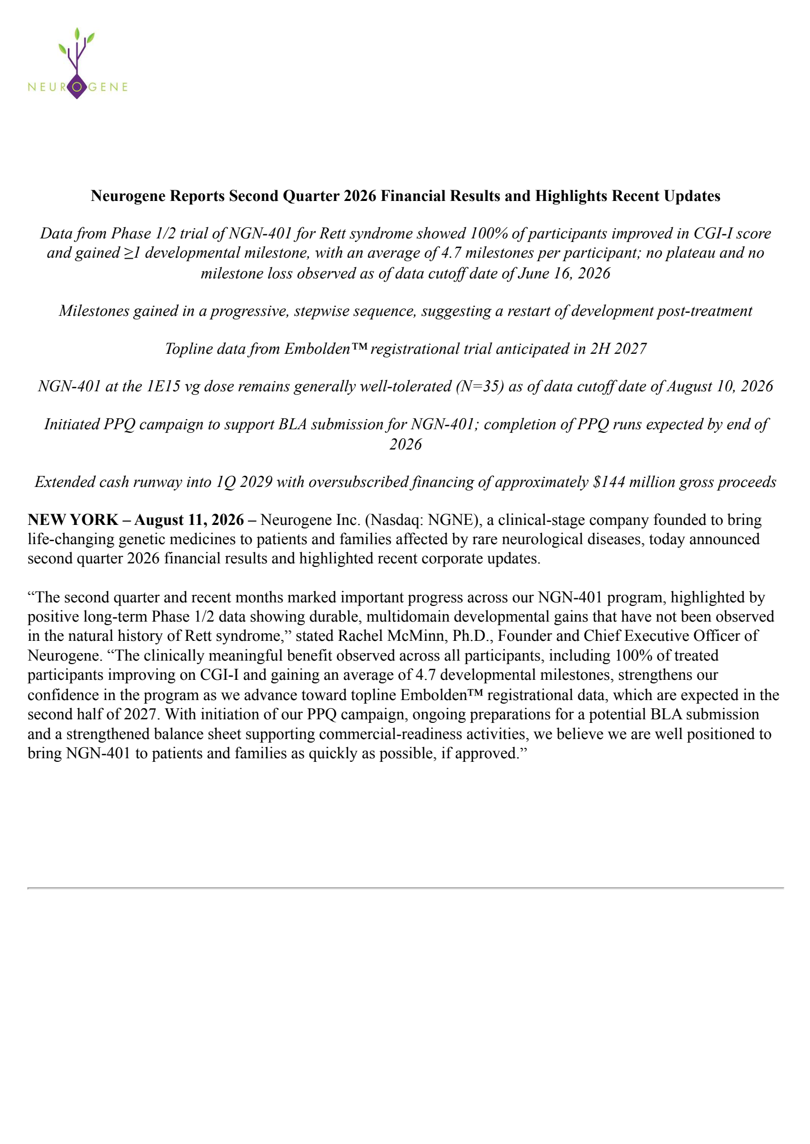Neurogene's Q2 2026 Press Release