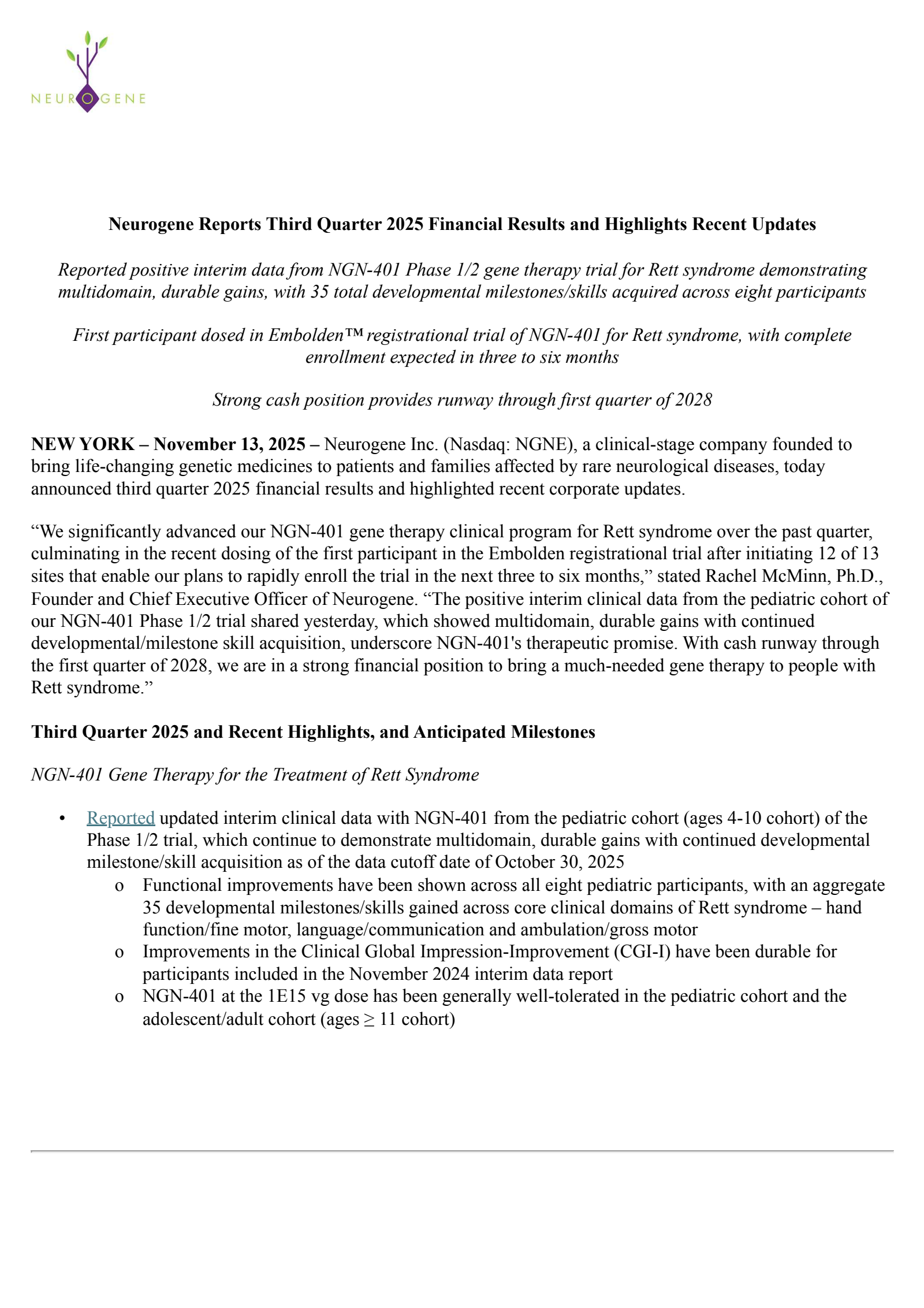 Neurogene's Q3 2025 Earnings Release