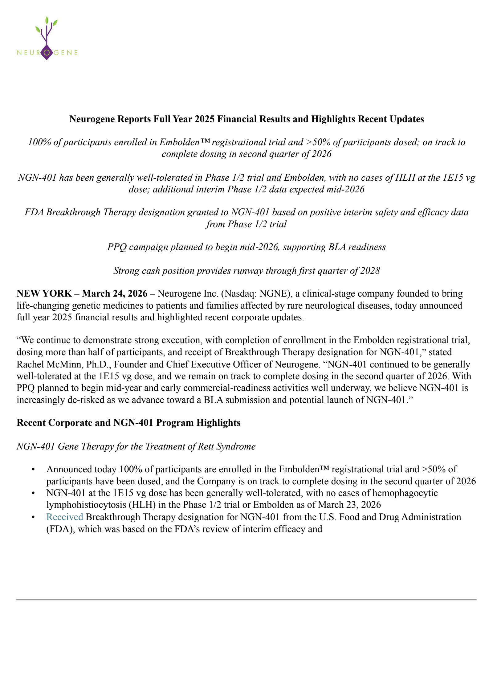 Neurogene's Q4 2025 Press Release