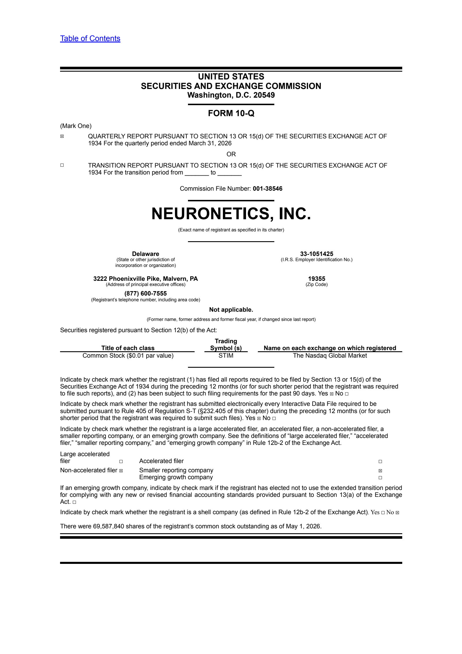 Neuronetics' Q1 2026 Quarterly report