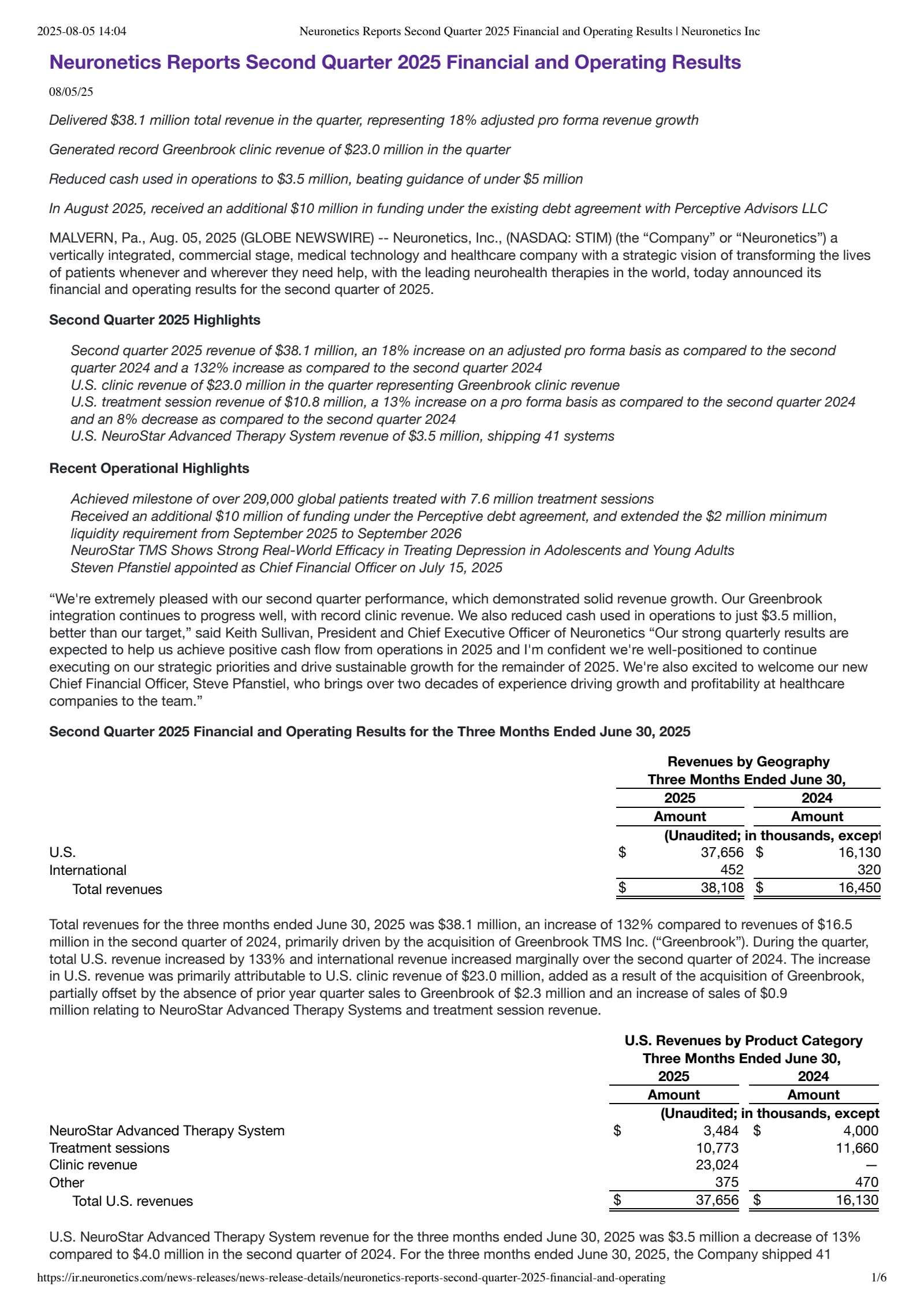 Neuronetics' Q2 2025 Press Release