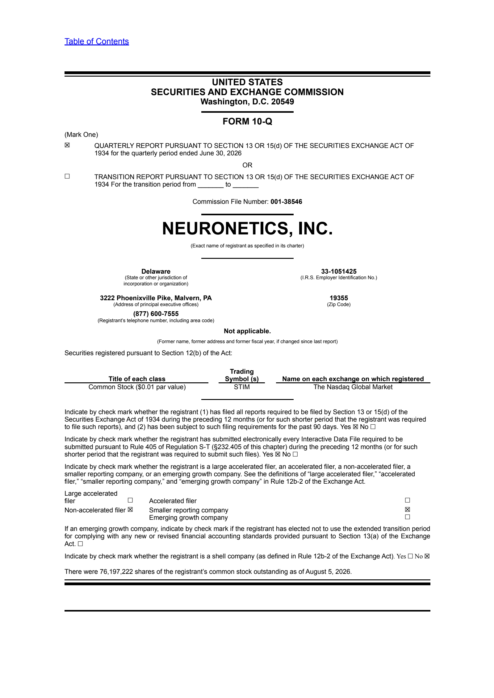 Neuronetics' Q2 2026 Quarterly report