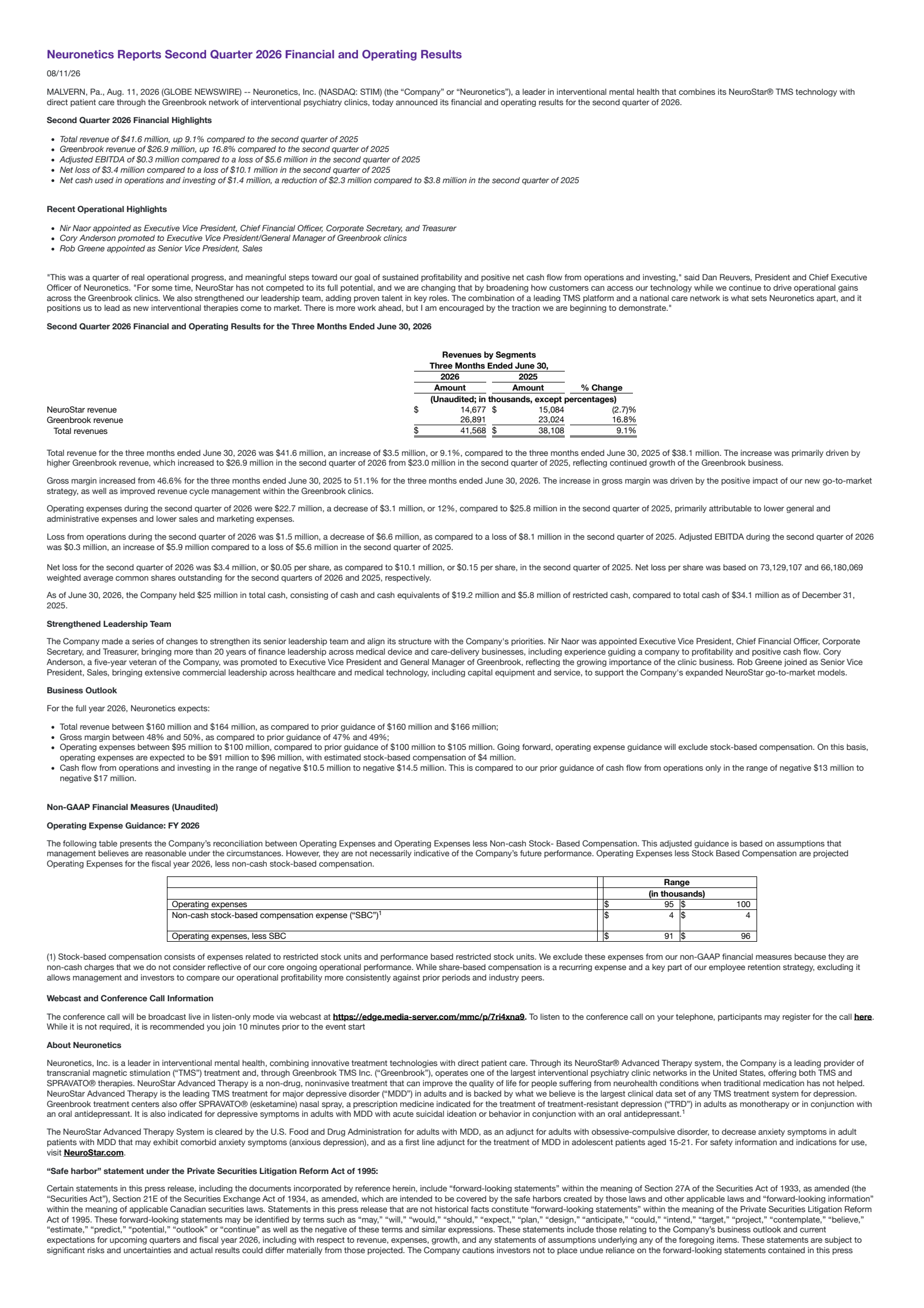 Neuronetics' Q2 2026 Press Release